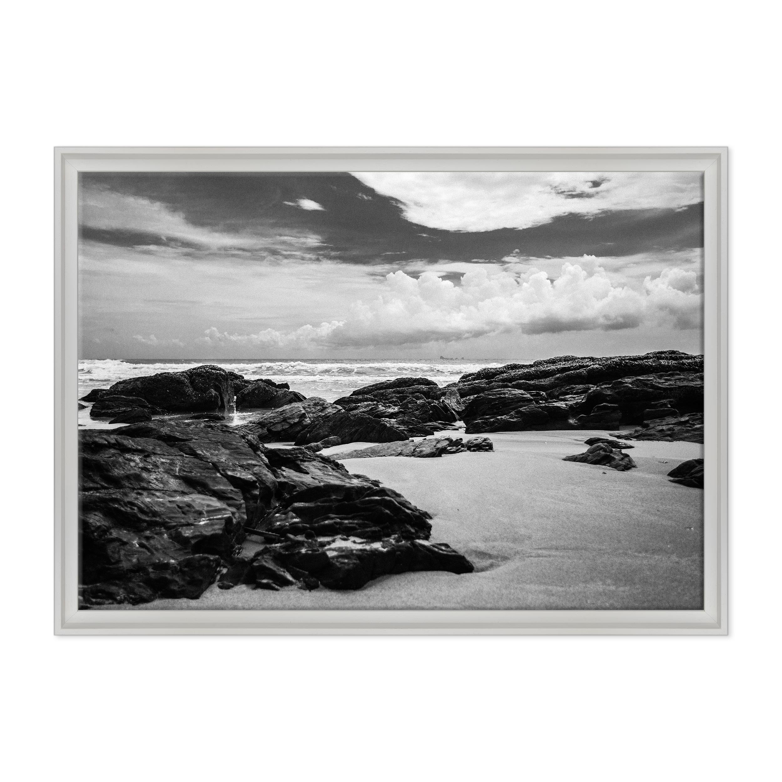 QUADRO SU TELA CANVAS INTELAIATO - CON CORNICE - Oceano Bianco e Nero - Paesaggio Natura Panorama - 70x100cm - Stile Contemporaneo Bianco - (cod.4381)