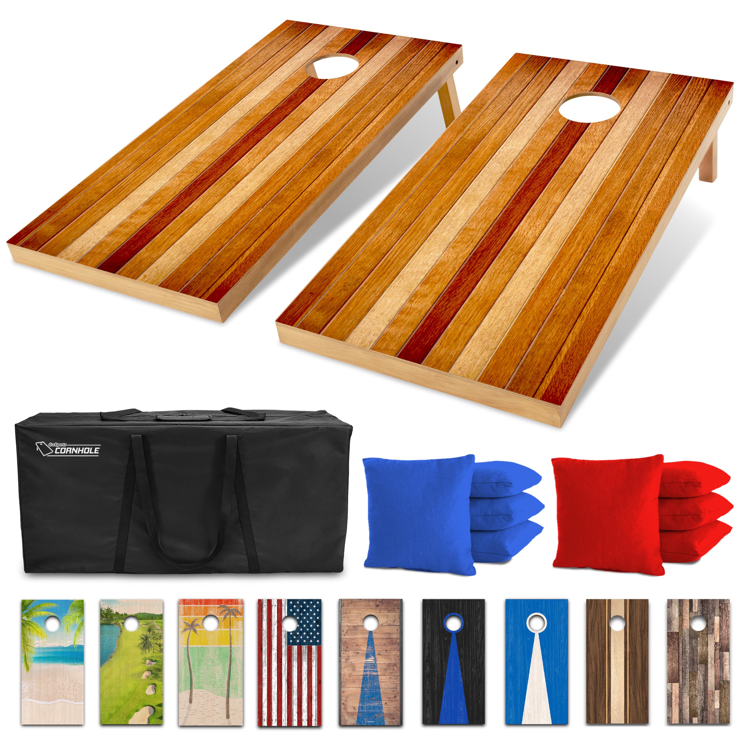 Photo 1 of GoSports 4 x 2 ft Regulation Size Wood Cornhole Board Set - Red Oak Design, Includes 2 Boards, 8 Bean Bags, Carrying Case and Game Rules
