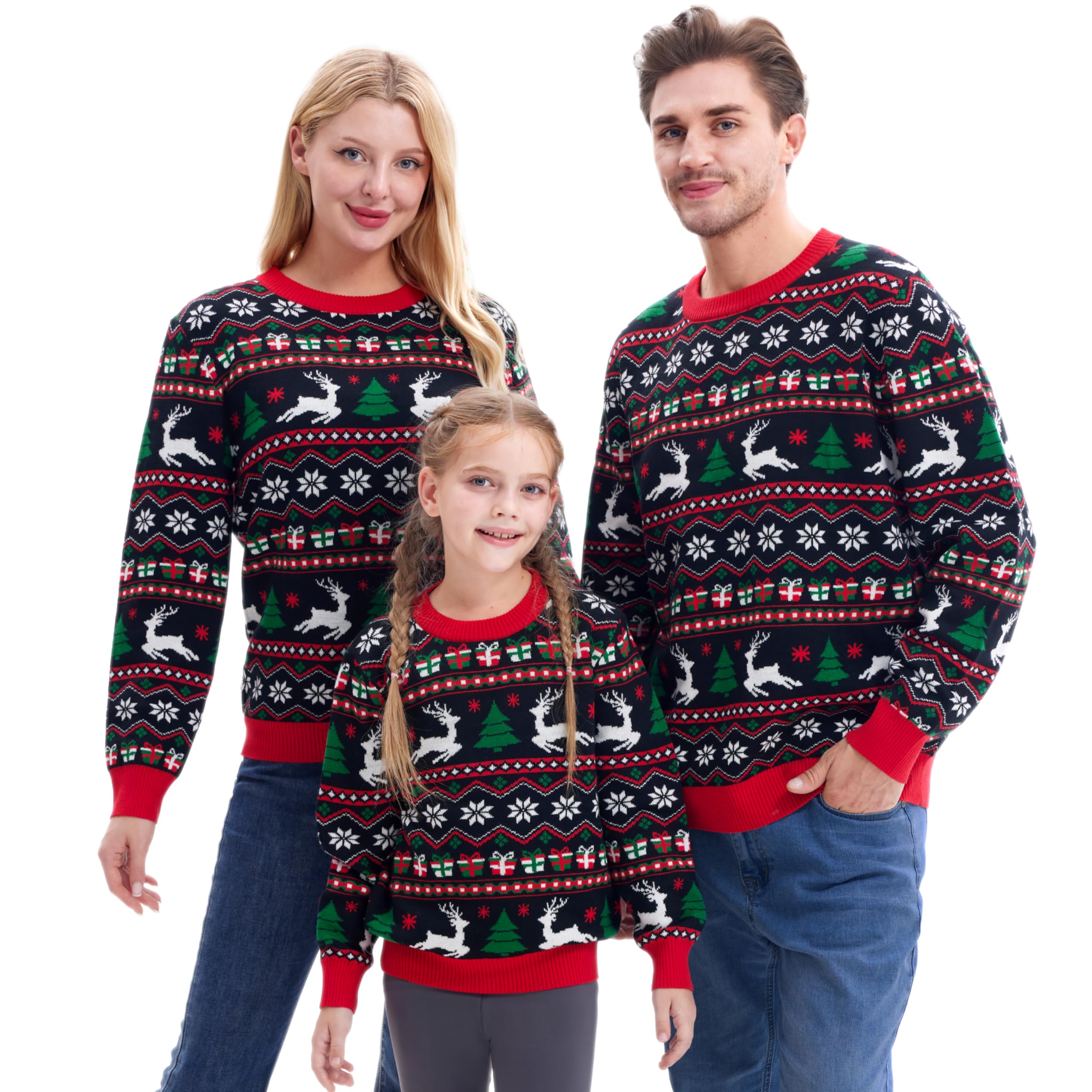 Giggling Getup Dopasowany rodzinny sweter bożonarodzeniowy, słodki świąteczny sweter z długim rękawem, czarny brzydki sweter bożonarodzeniowy