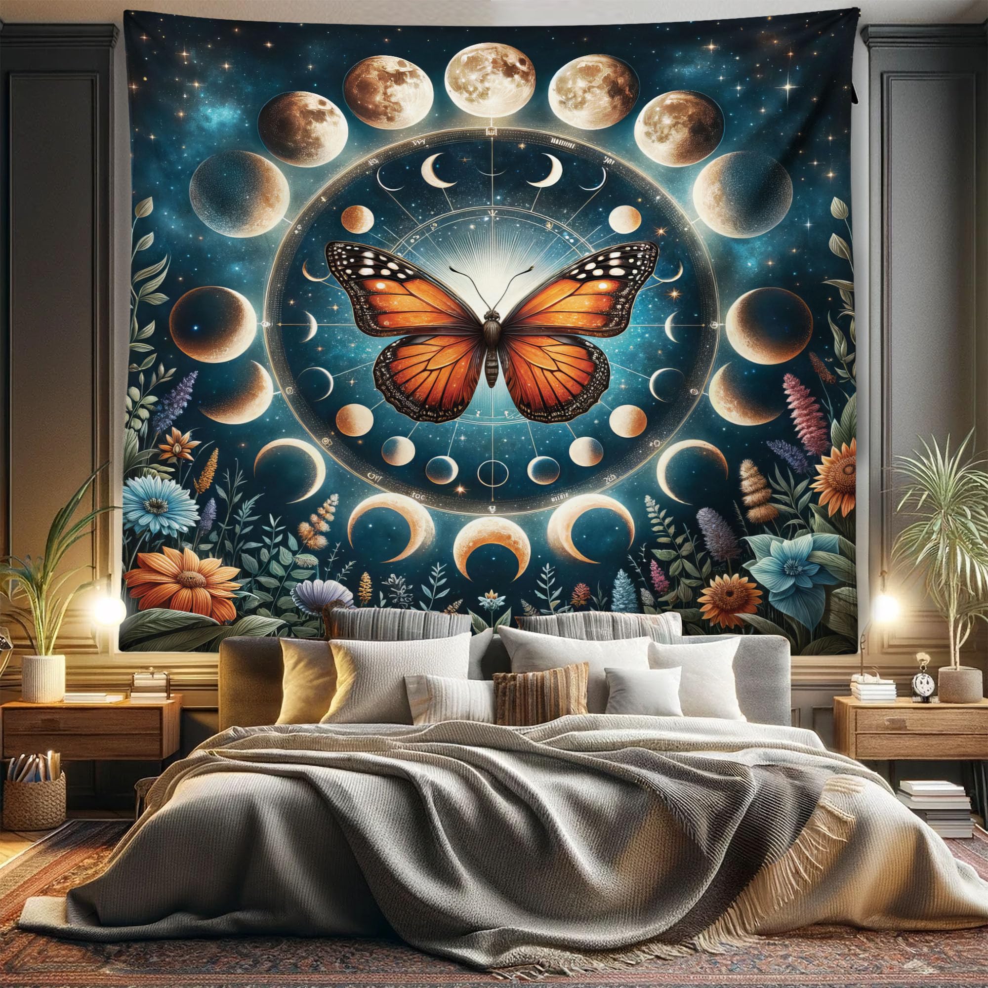 Ambesonne Aesthetic Tapestry King Size, Moon Chart Lunar Phases with a Monarch Butterfly Flowers Starry Sky, Wall Hanging Bedspread Bed Cover Wall