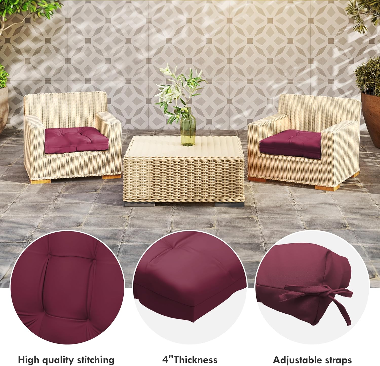 Outdoor Chair Cushions Set of 2, 19 x 19 x 4 Inch, Waterproof Patio Seat Cushion with Ties, Fade Resistant Square Patio Chair Pads, Beaujolais