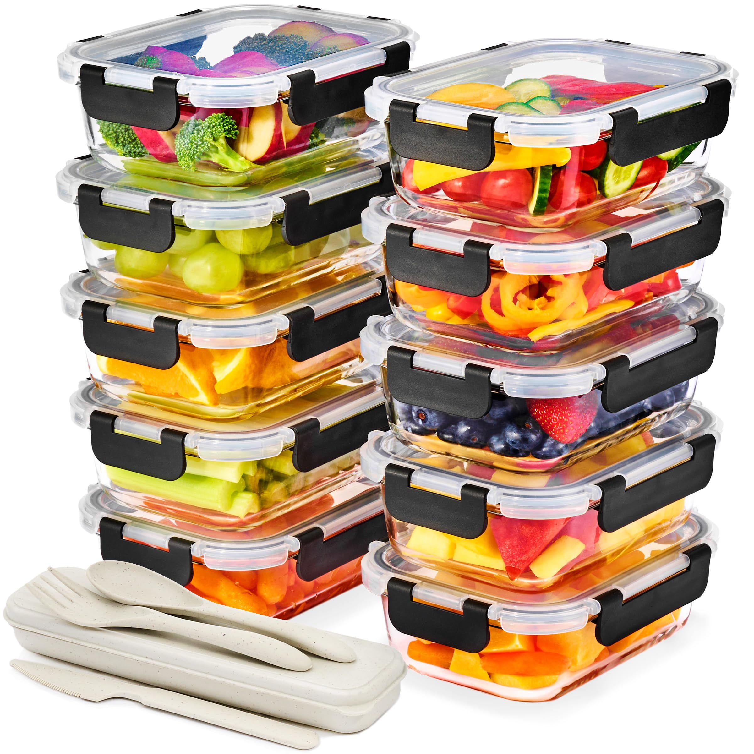 Sorbus 20pc Glass Meal Prep Containers Set – 10 Glass Food Storage Containers (21.3oz, 2.6 Cups) with Airtight Lids – Freezer, Dishwasher, and Oven Safe – Reusable Containers for Meal Prep and Storage