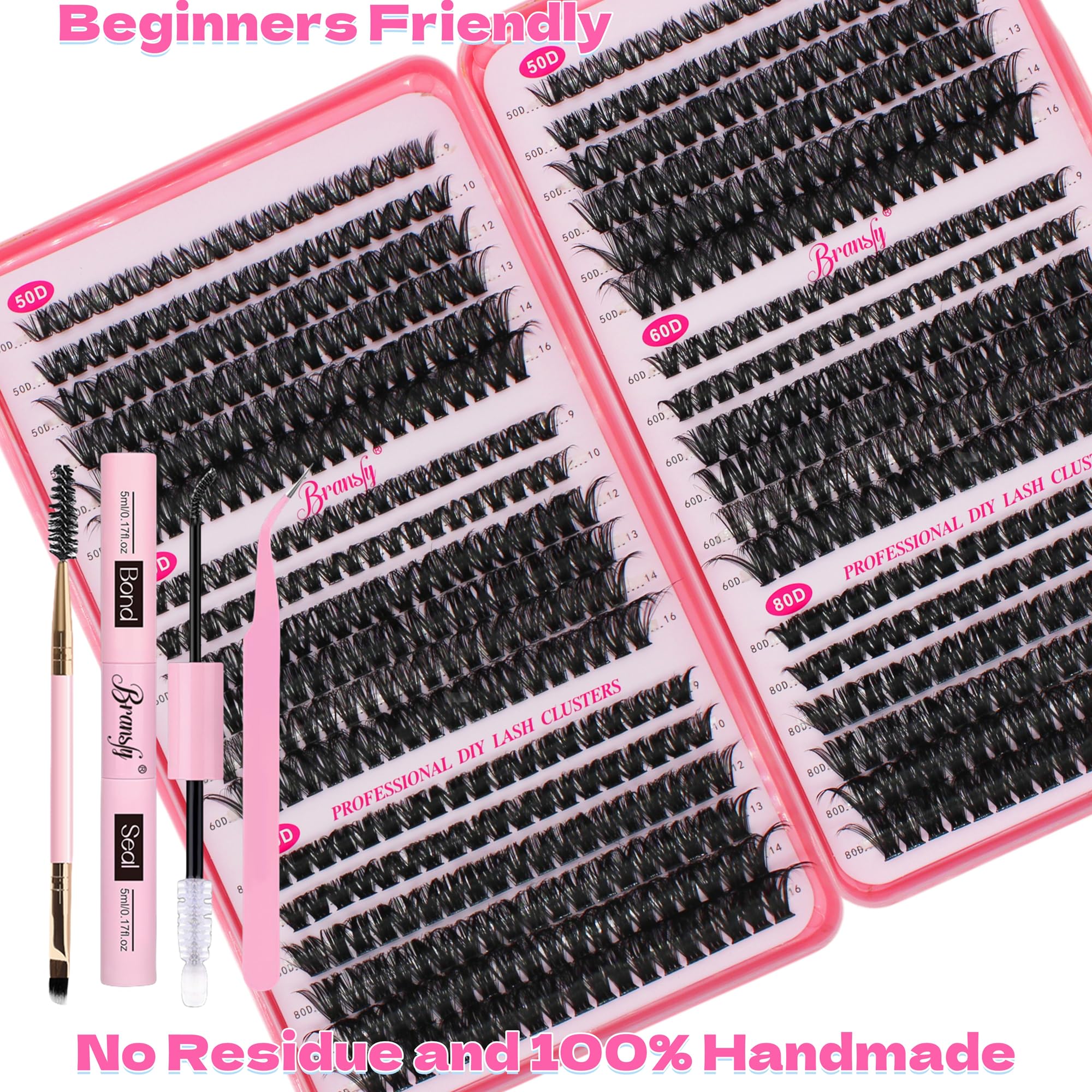 Bransfy 3 Styles 708pcs Lash Clusters Kit DIY Lash Extension Kit D Curl Eyelash Extensions 9-16MM Cluster Lashes with Waterproof Lash Bond and Seal Tweezers(50D+60D+80D,Kit) - Image 4