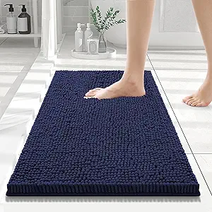 Smiry Luxury Chenille Bathroom Rugs 24x16, Extra Soft and Absorbent Shaggy Bath Mat, Machine Washable, Non-Slip Plush Carpet Runner for Tub, Shower, and Floor, Home Decor Accessories, Navy Blue
