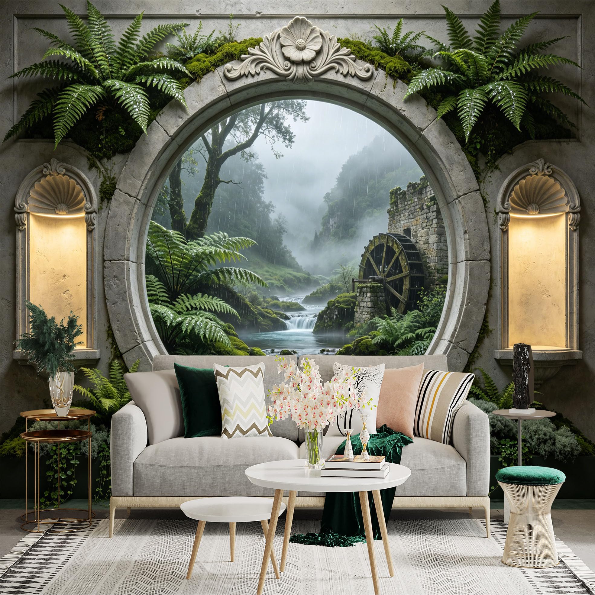Custom Size Wall Sticker Mural， Misty Forest Waterfall with Ancient Stone Mill and Lush Ferns， for wall Decoration， peelandstick wall Decals.