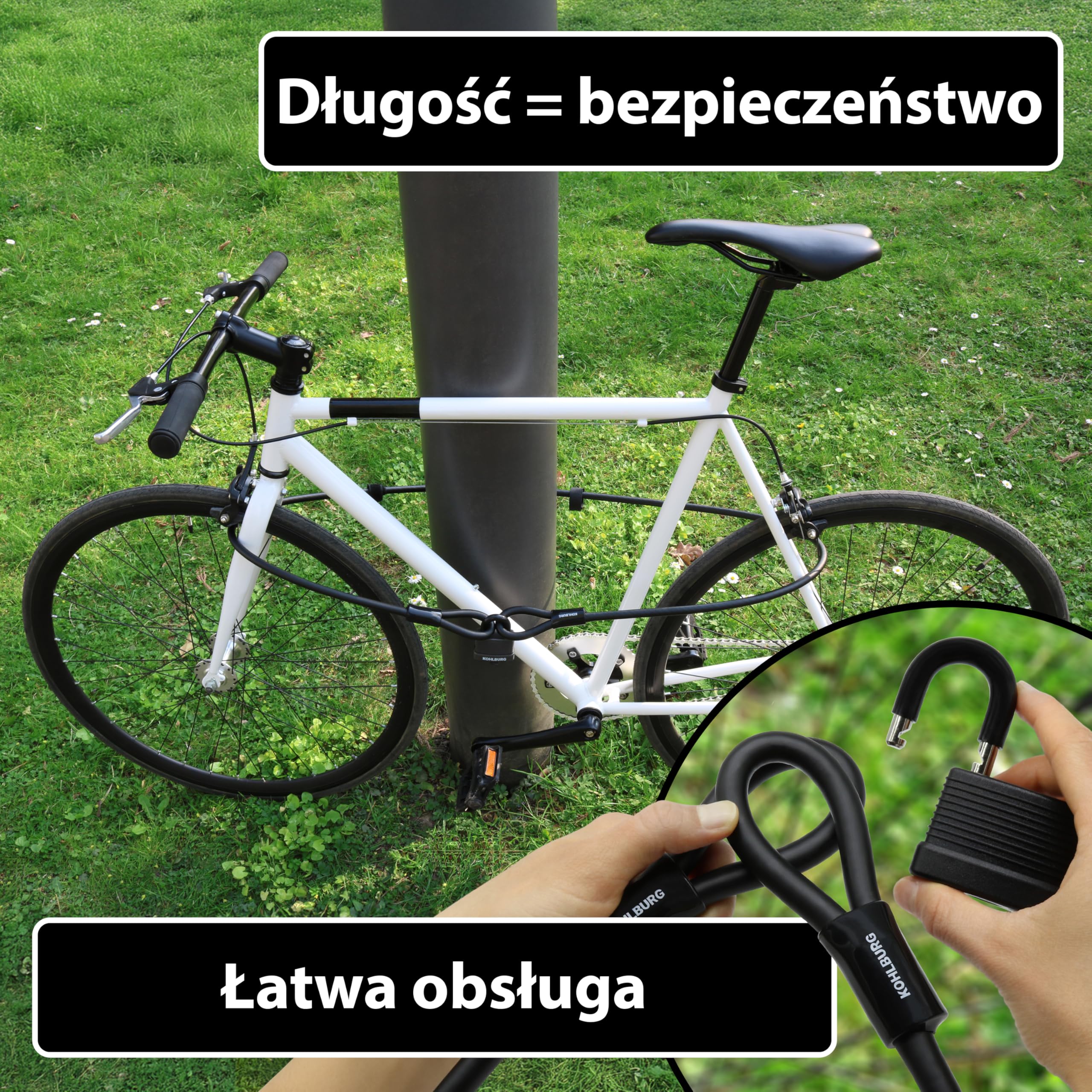 KOHLBURG Bezpieczny zamek kablowy 200 cm, 3 kluczami, Kłódka, stalowa linka | Wytrzymała, ze szlufkami, Zamek linkowy do roweru, przyczepki, wózka i mebli ogrodowych, długa blokada rowerowa