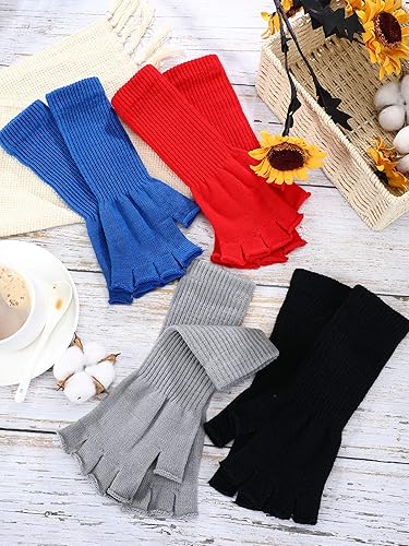 Miniatura 7 de Boao 4 pares de guantes largos de punto para mujer, sin dedos, guantes de invierno de medio dedo