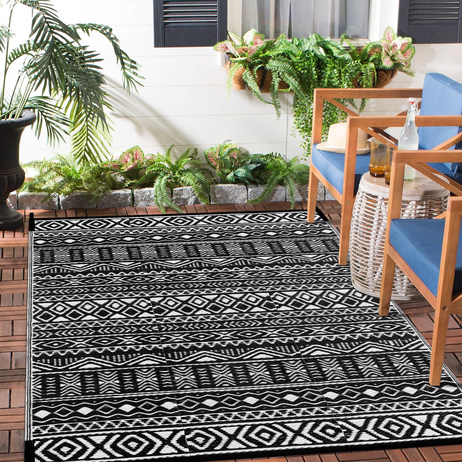 Anidaroel Outdoor Rug 5'x8' Waterproof for Patio Decor, Reversible Plastic Straw Outdoor Area Rug, Stain & UV Resistant RV Camping Mat for Porch, Balcony, Pool Deck, Backyard, Black&White
