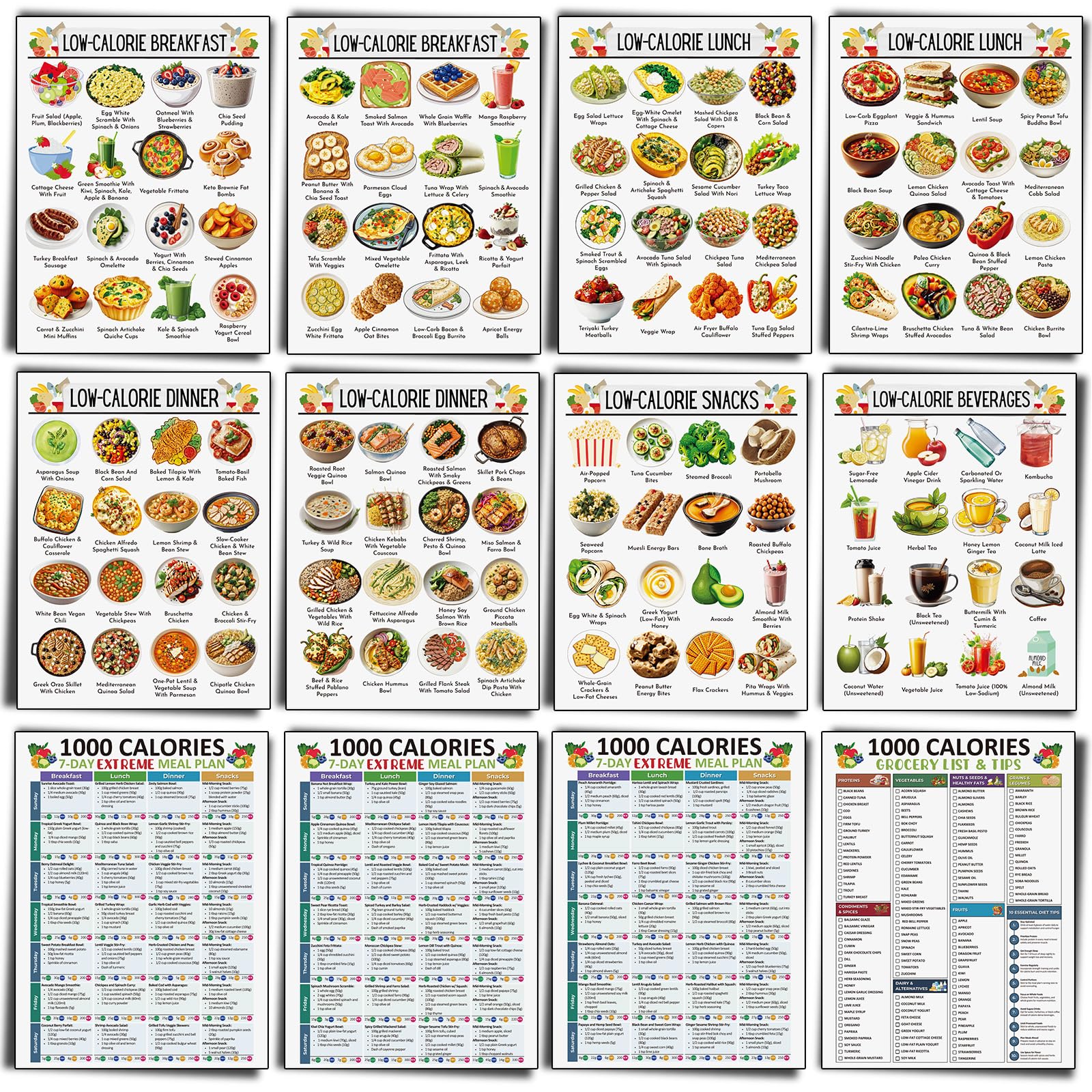 Sinload 12 Pcs Low Calorie Meal Plan Poster Low Calorie Diet Chart Laminate Weight Loss Grocery List for Kitchen Classroom Fridge