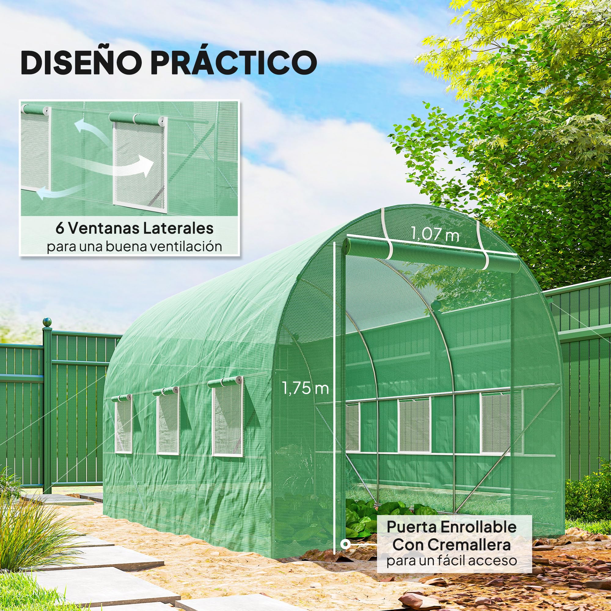 Outsunny Invernadero de Exterior 3,5x2x2 m Invernadero de Túnel con Cubierta de PE 140 g/m² para Cultivo Plantas Verduras Frutas en Jardín Terraza Verde