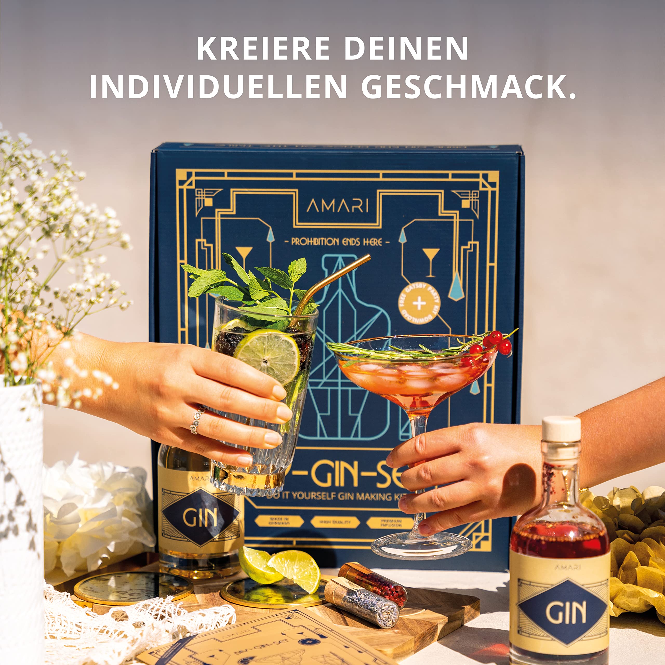 AMARI ® DIY Gin Set - zum Selber machen, Geschenkset inkl. Botanicals - Perfekt für zu Hause oder als Geschenk, Gin Tasting Geschenkbox - Geschenkideen do it yourself, Ginbaukasten