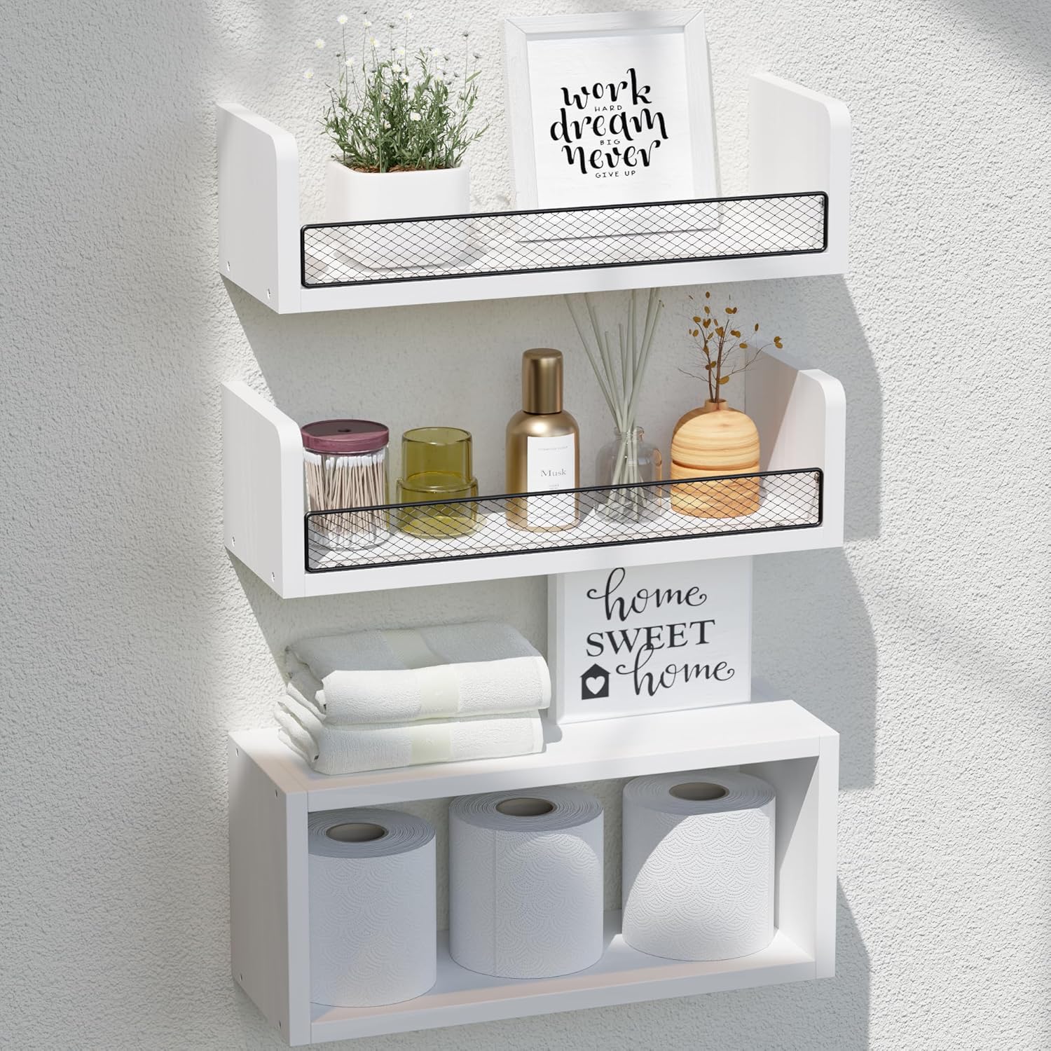 Dr.Wall White Floating Shelves with Wire Mesh Guardrail, Bathroom Shelves Over