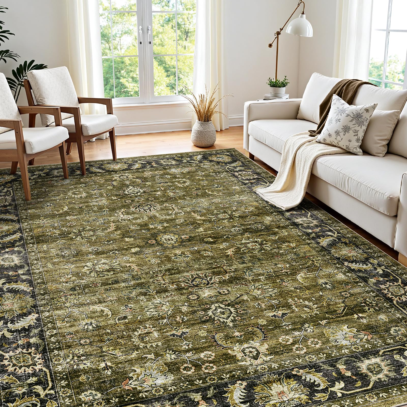 WITSHOCK 7x9 Area Rugs for Living Room: Machine Washable Non Slip Vintage Carpet - Low Pile Lightweight Print Rug for Bedroom Dining Room - Stain