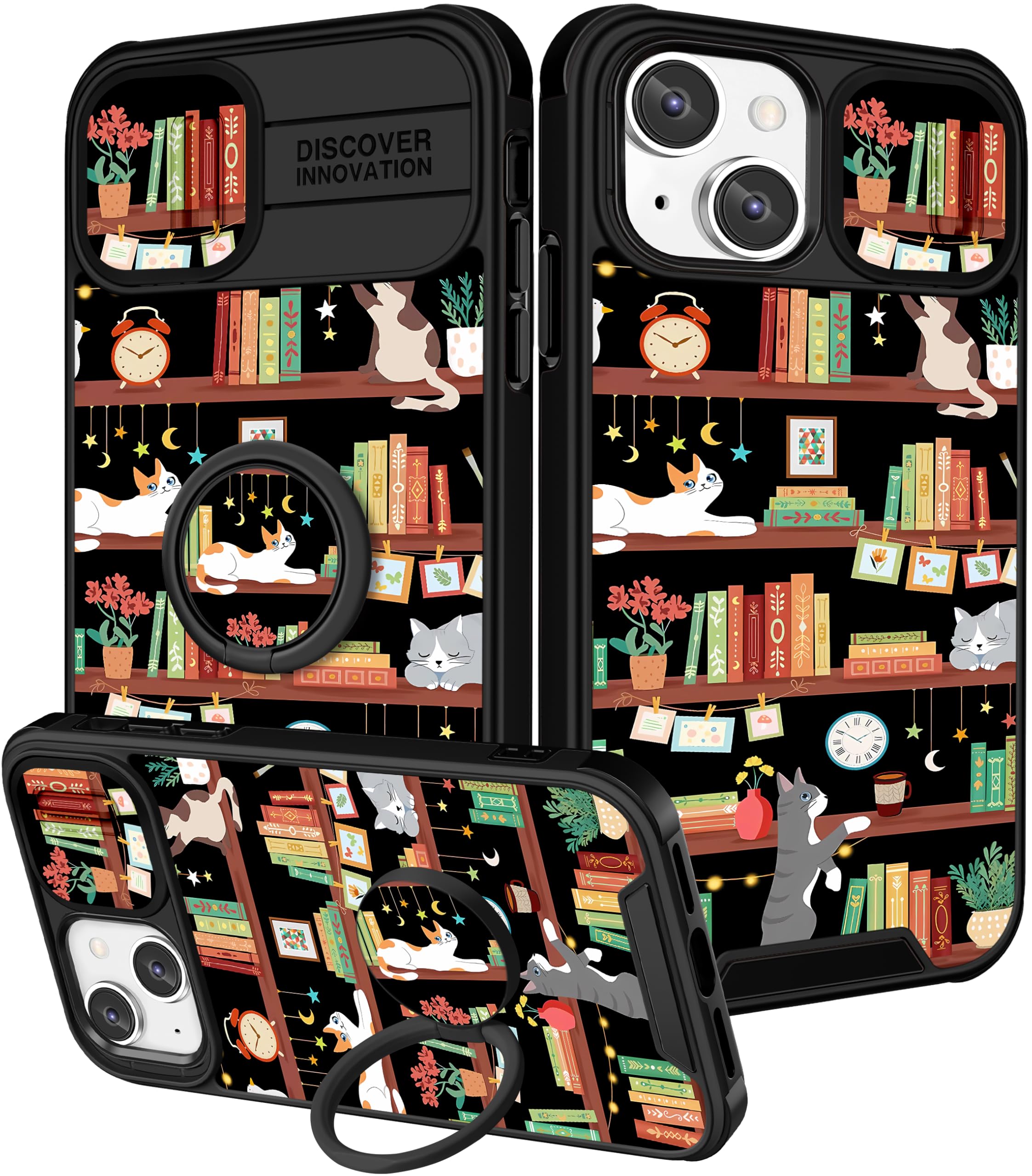 Funermei for iPhone 14/for iPhone 15 Plus Case - Women Girls Cute Phone Cover Girly Pretty Aesthetic Cat and Books Unique Design with Camera Cover Funda for Apple for iPhone 14/for iPhone 15 Plus