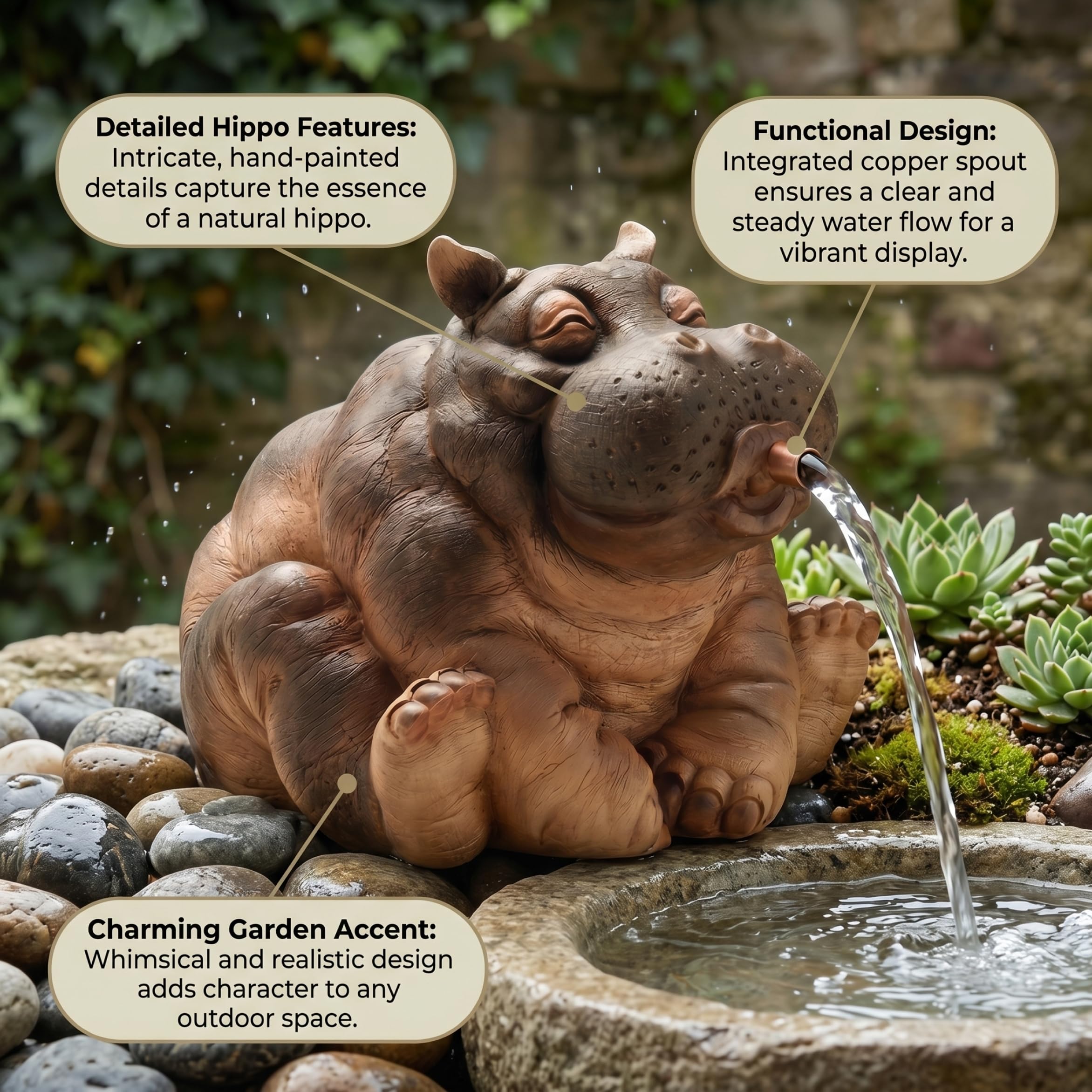Teichspucker, realistischer Nilpferd-Brunnenspucker, Teichstatuen für Wassergärten, kleine Teiche und Aquarien.