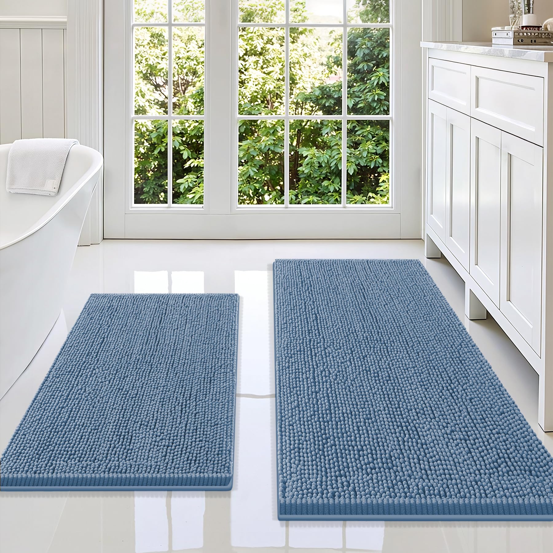 Smiry Chenille Bathroom Rugs Sets 2 Piece (47x20+30x20, Grayish Blue)