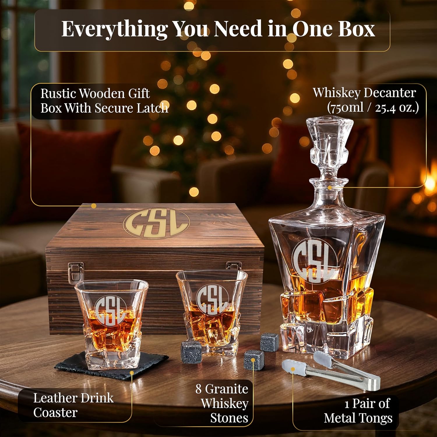 Custom Engraved Monogram 3 Initials Circle Shape Chunky Heavy Liquor/Bourbon Decanter with Glasses, Whiskey Stones, Coasters & Tongs, Premium Whiskey Gift Set for Men, Husband, Dad