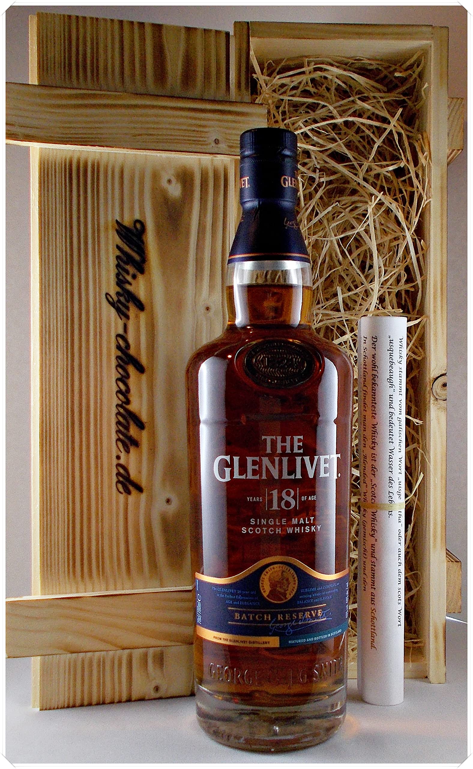 Glenlivet 18 Jahre Single Malt Whisky + 8 Edelschokoladen 8 Sorten Geschenk in geflammter Holzkiste Männergeschenke Whisky mit Schokolade genießen The Genießer Set