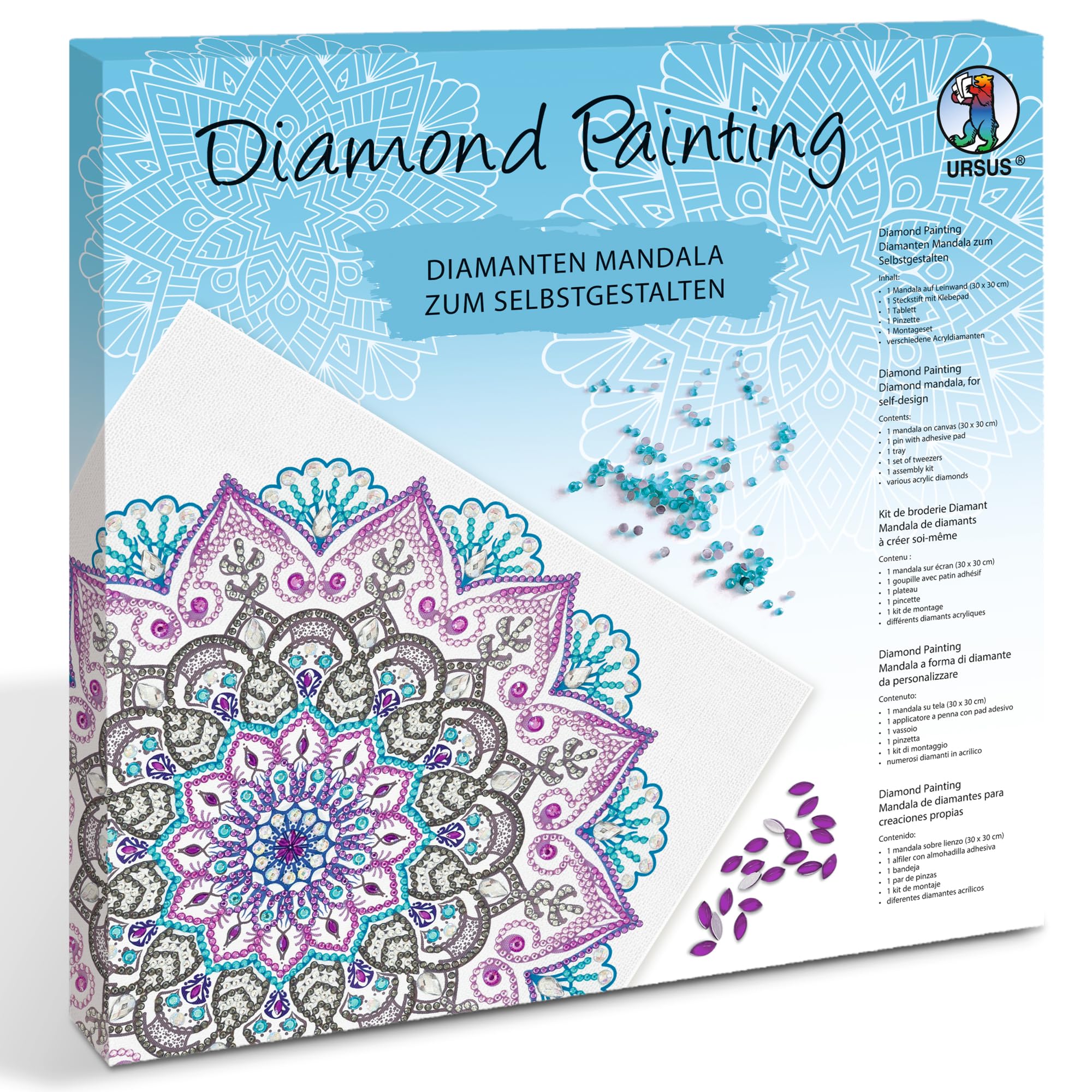 Ursus 43520012F - Diamond Painting Mandala Set 12, zestaw rzemieślniczy z płótnem i kamieniami w odcieniach fioletu, zieleni i błękitu
