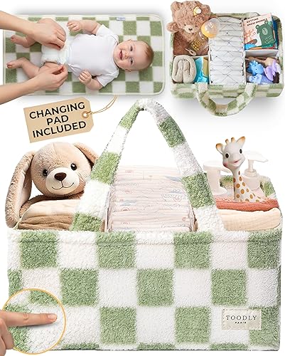 Organizador de pañales a cuadros con cambiador portátil, organizador de pañales de forro polar de peluche para cambiador, organizador con divisores