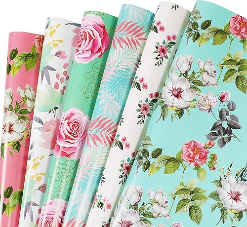 Miniatura 8 de Papel de regalo para niñas y mujeres, 12 hojas de papel de regalo floral de cumpleaños, papel de regalo plegado colorido rosa y verde para