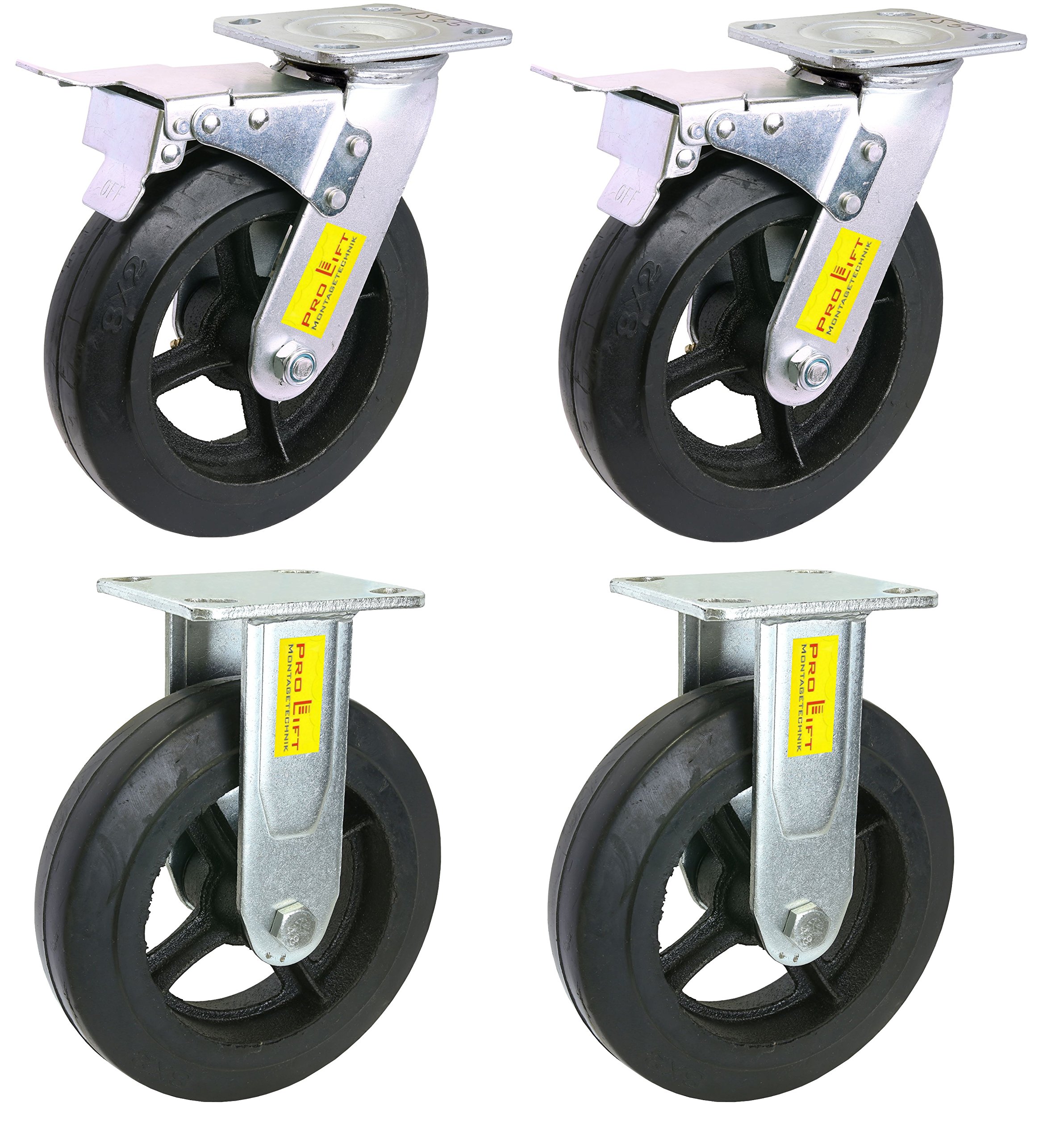4 Stück: je 270kg Schwerlastrollen, 2 Lenk + 2 Bock, Vollgummi, Doppelbremse, 01556