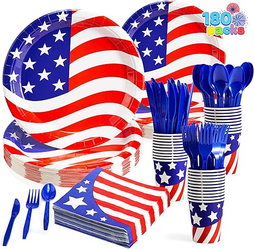 JOYIN Juego de 180 piezas de vajilla patriótica para fiestas, 30 platos, 30 servilletas, 30 vasos de papel y 90 utensilios de plástico para