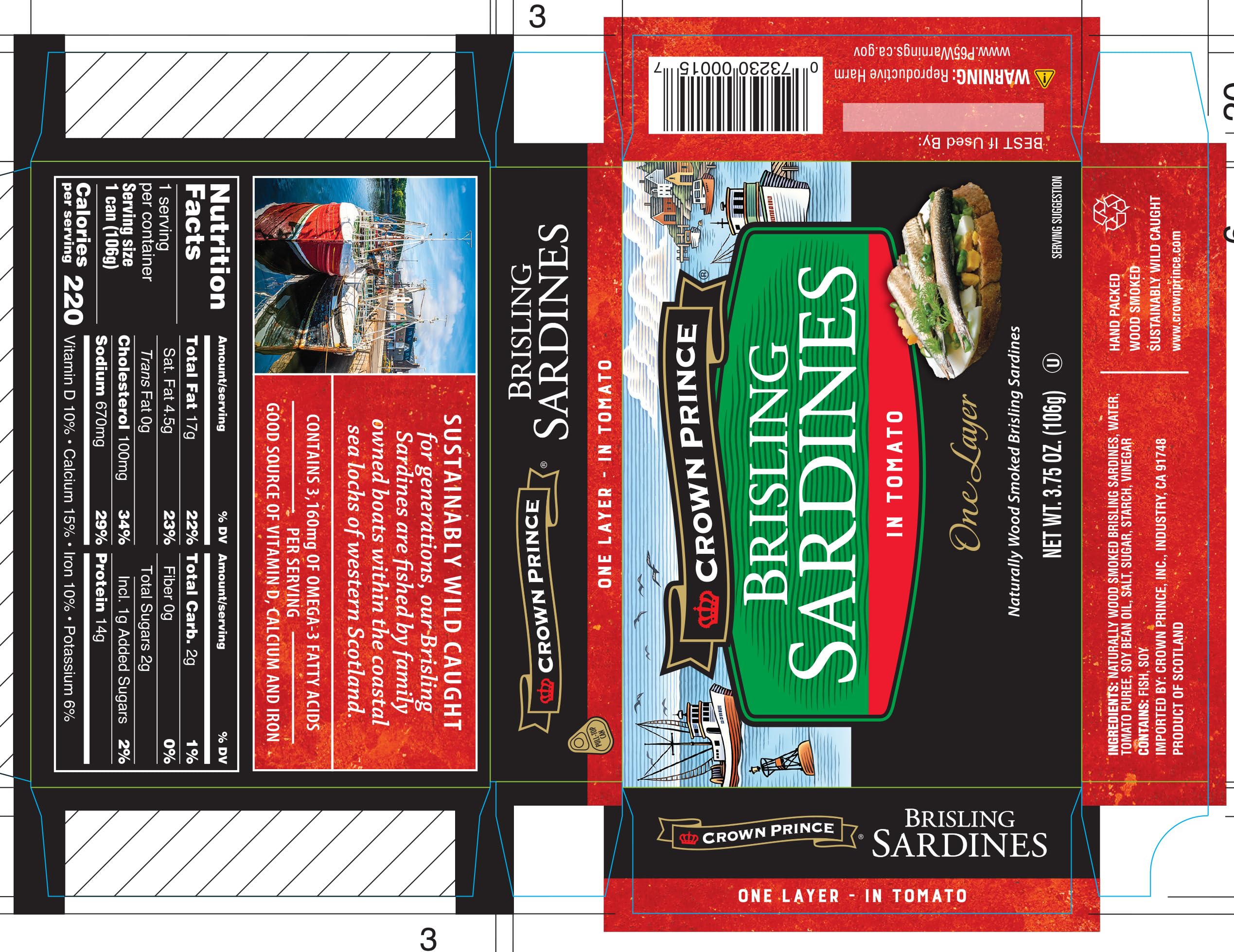 Crown Prince One Layer Brisling Sardines in Tomato, 3.75-Ounce Cans (Pack of 12)