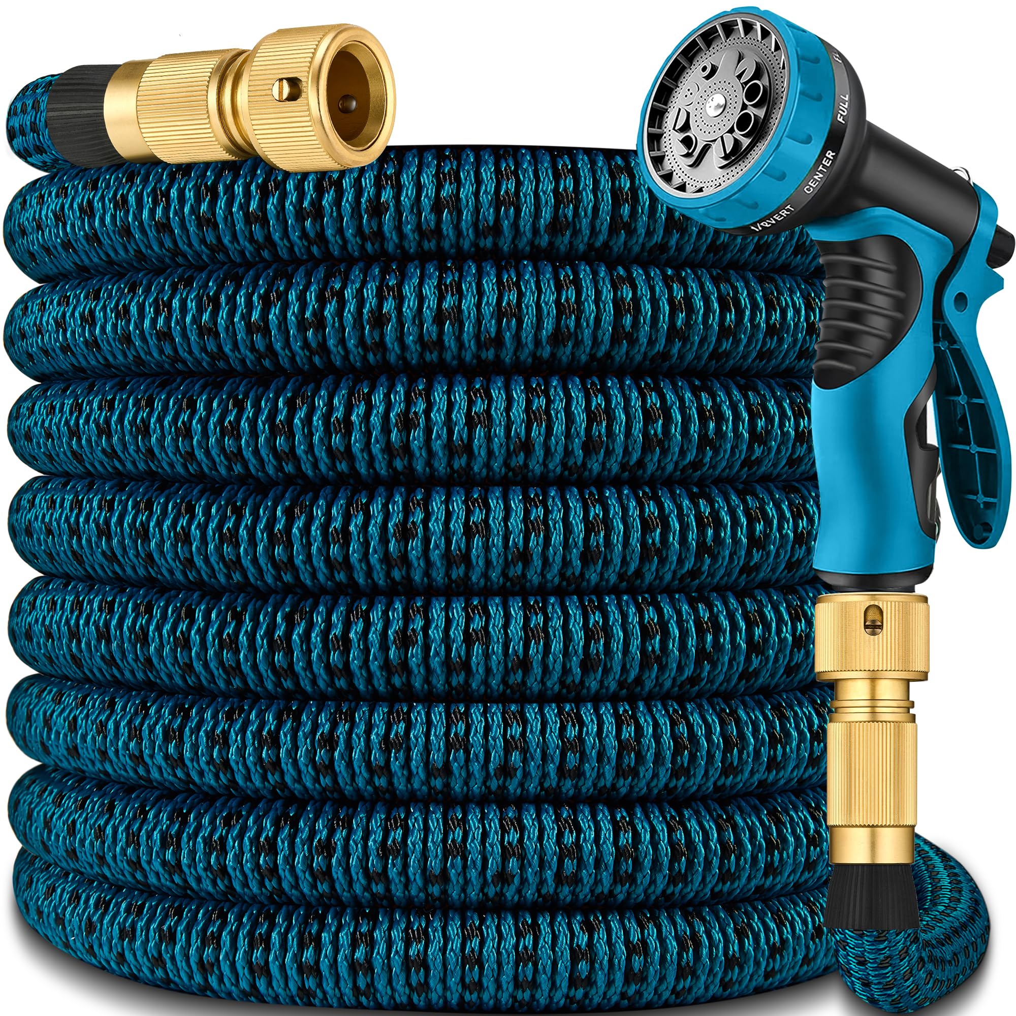 200ft Expandable Garden Hose Pipe, Flexible Water Hose w/10 Function Spray Gun & 2-in-1 Valve Quick Fittings, Lightweight, Durable, Kink-Free, Heavy Duty Expanding Hosepipes for Garden(Blue Black)