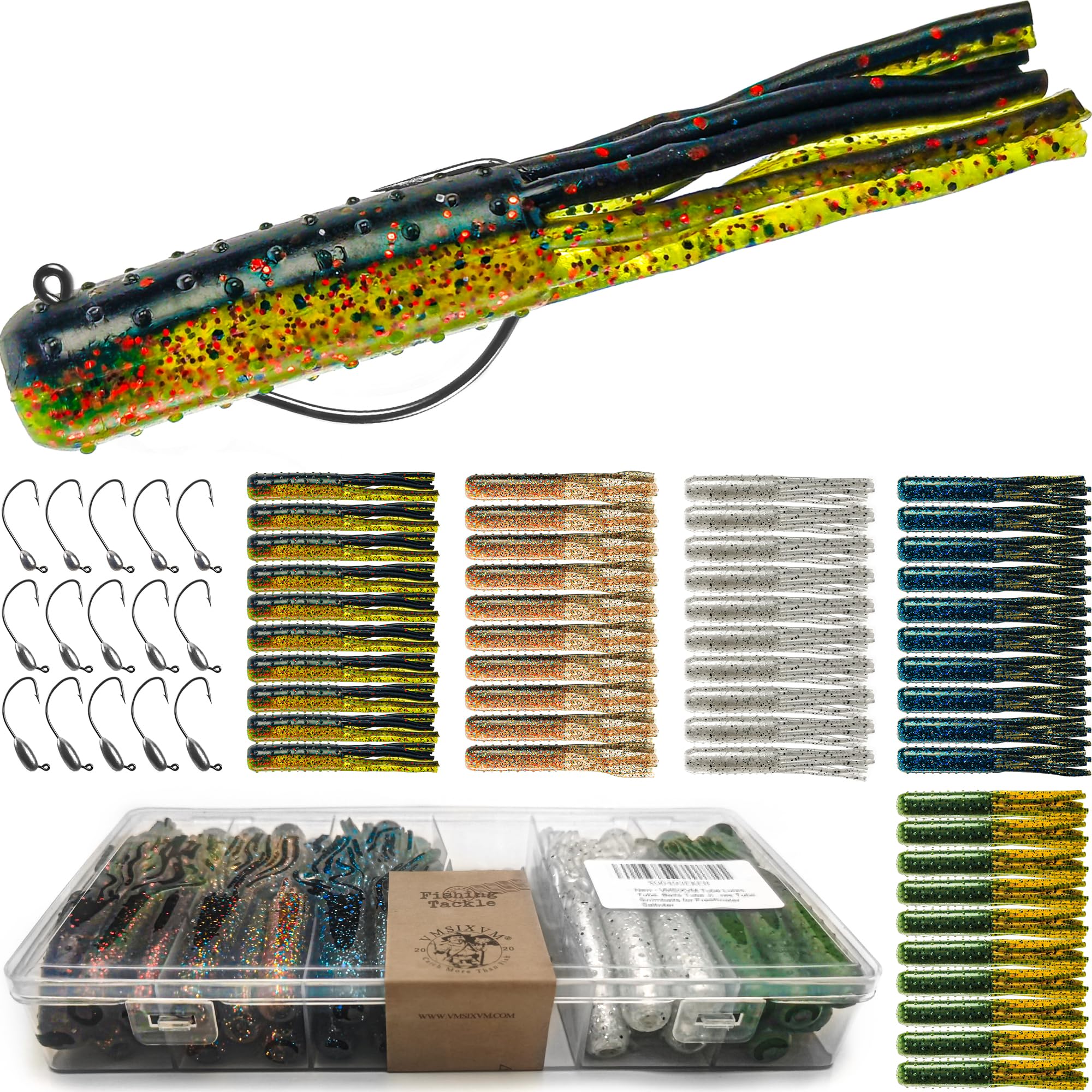 80/65/60 Pcs Tube Lures with Soft Plastic Baits Worms Jig Heads for Bass Fishing, Tube Jigs Hooks Rigs Crappie Lures for Freshwater Saltwater