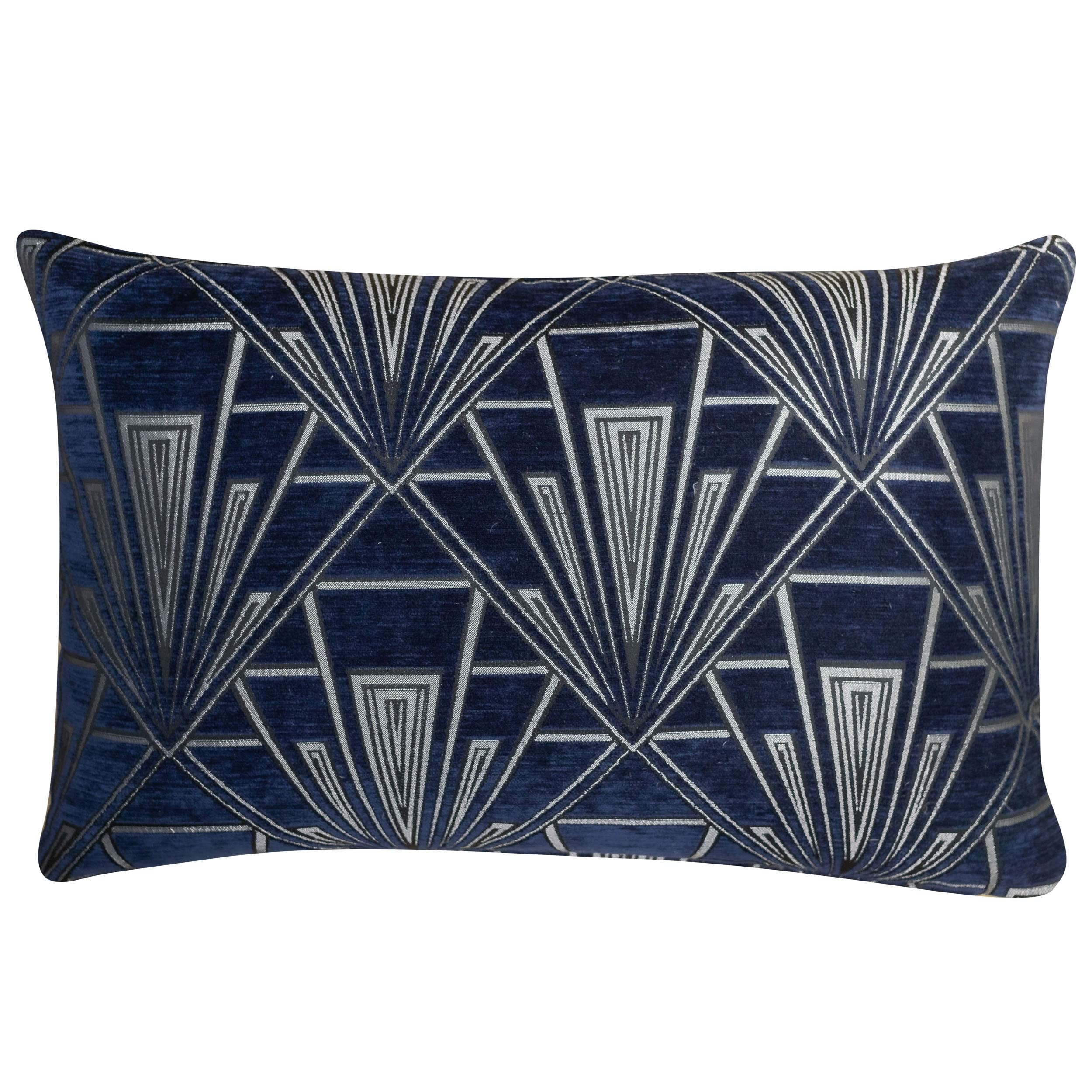 Linen Loft Navy Blue Art Deco Xl Rectangular Cushion Cover. Double Sided Luxury Velvet Chenille. Bold And Silver Geometric Design. 20S/30S Style. 23X15 Xl Cover Only