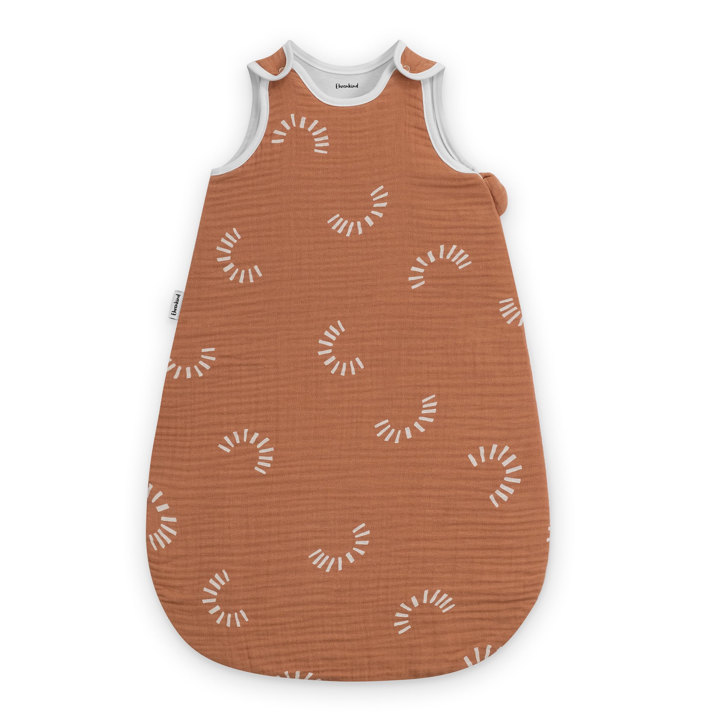 Ehrenkind® Baby Sommerschlafsack Rund Musselin | aus weicher OEKO-TEX zertifizierter Bio-Baumwolle | Sommer Baby Schlafsack Baby 1 TOG Gr. 74/80 Zimt Gemustert