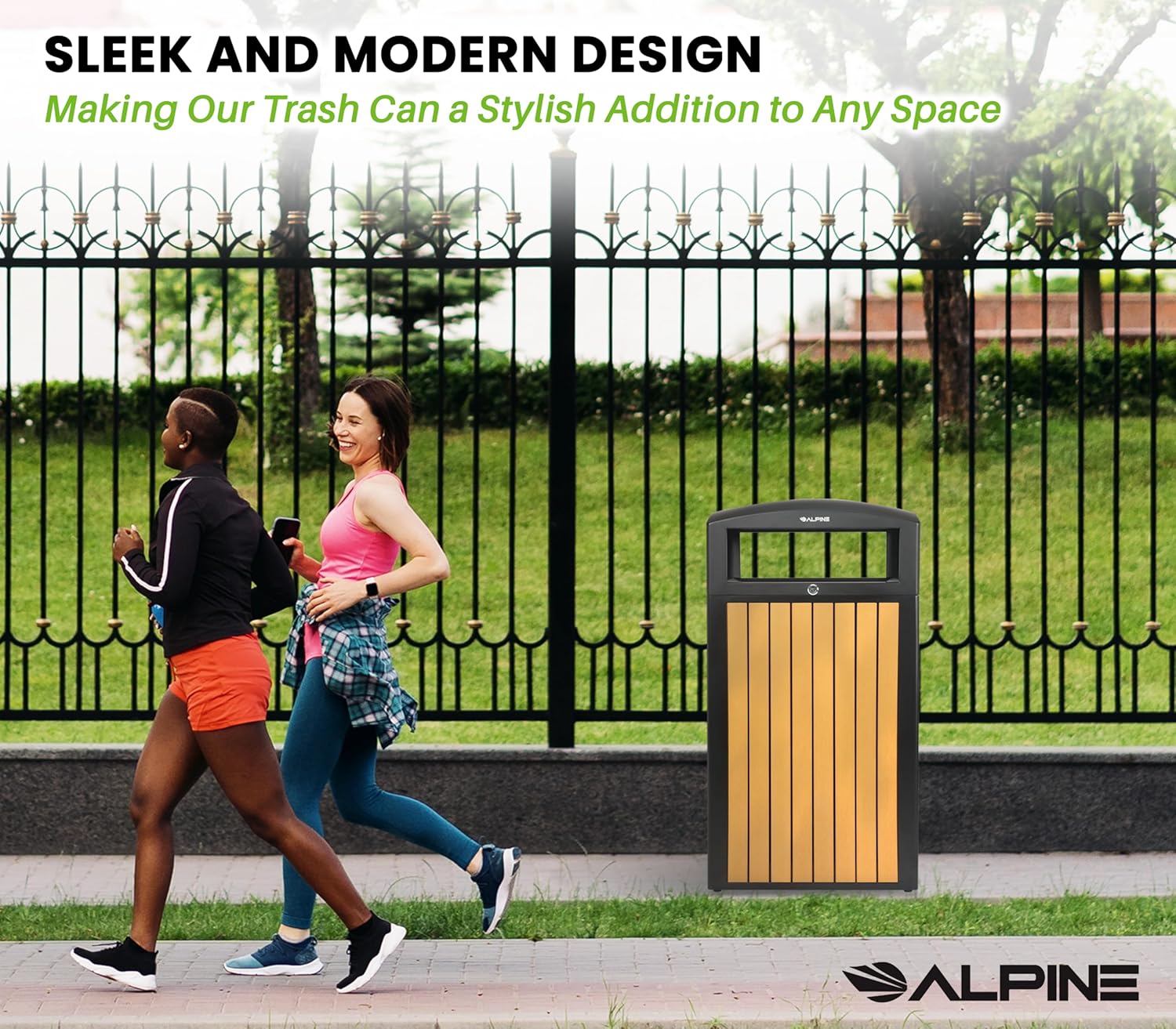 Alpine 40 Gallon Commercial Outdoor Trash Can with Lid - Modern Heavy Duty Large Outdoor Garbage Can with Durable Plastic Bin, Slatted Recycled Plastic Panels for Parks, Trails & Resorts (CD)