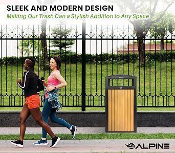 Alpine 40 Gallon Commercial Outdoor Trash Can with Lid - Modern Heavy Duty Large Outdoor Garbage Can with Durable Plastic Bin, Slatted Recycled Plastic Panels for Parks, Trails & Resorts (CD)