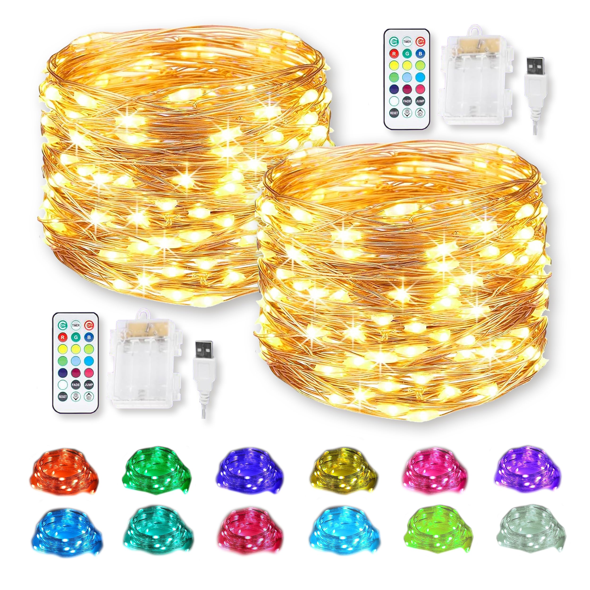 2 Pack RGB Color Changing Fairy Lights, Battery & USB Powered 20ft 60 LED Firecracker String Lights with Remote, Waterproof Silver Wire for DIY Indoor Outdoor Christmas Decor-13 Colors