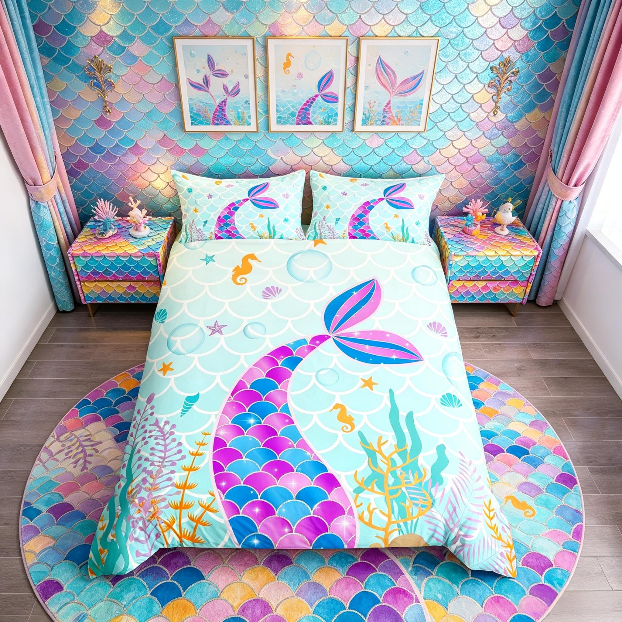 Loussiesd Mermaid Scale Bedding Set Fish Scales King Bedclothes for Kids Boys Girls Ocean Seahorse Starfish Bedclothes Underwater World Decor with 2 Pillowcase — image 1