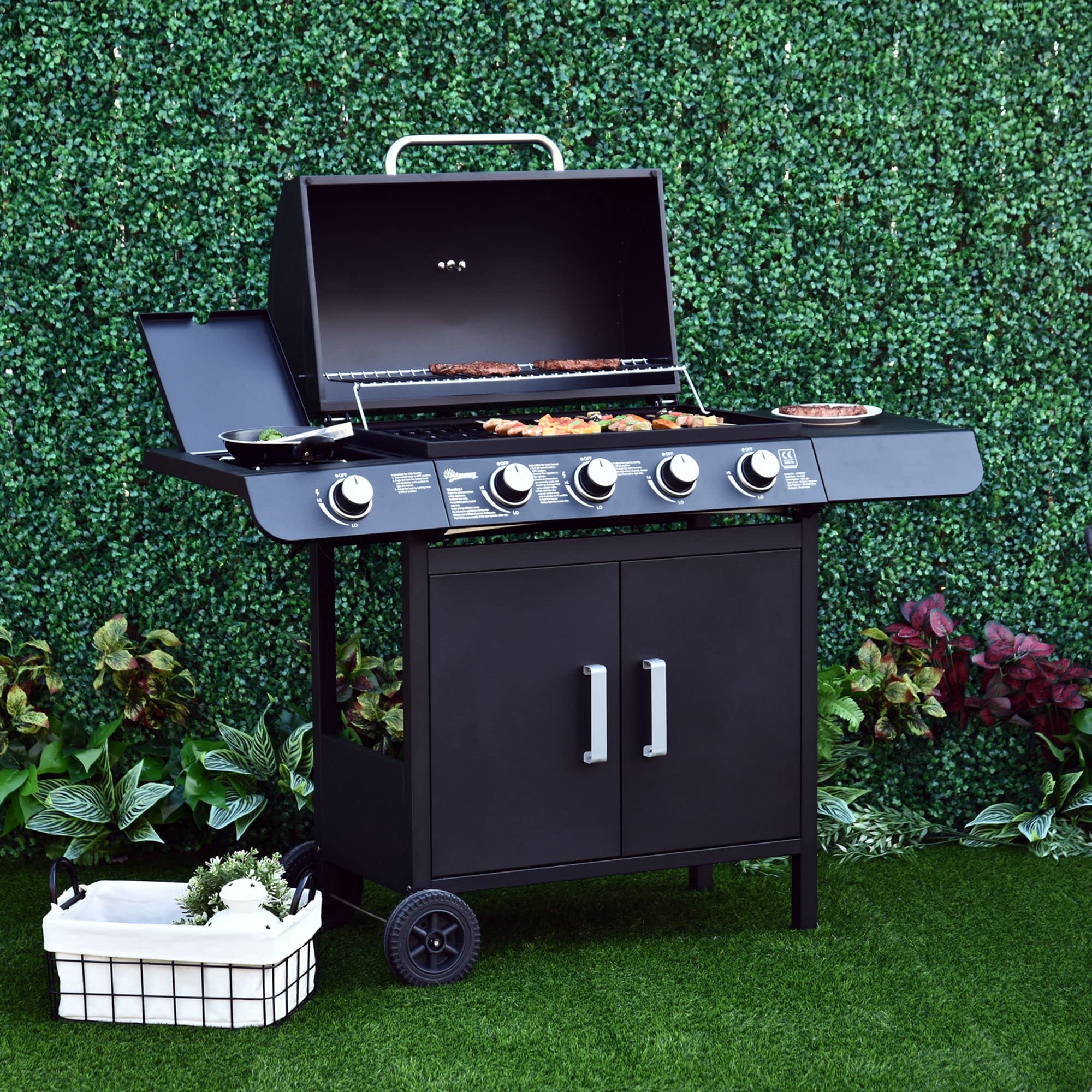 Outsunny Barbecue a Gas 5 Fornelli con Ripiani Laterali e Armadietto, 125x51x100 cm, Nero
