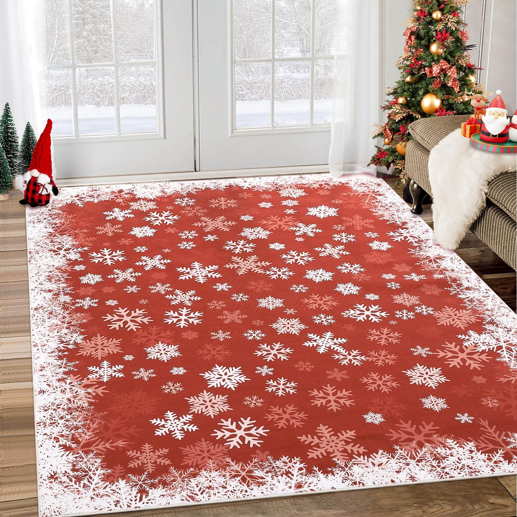 Garvee Tappeto Natalizio per Camera da Letto, Rosso 140x200 cm, Tappeto Moderno Lavabile con Fiocchi di Neve, Antiscivolo, Morbido e Resistente alle Macchie per Soggiorno, Sala da Pranzo, Aula