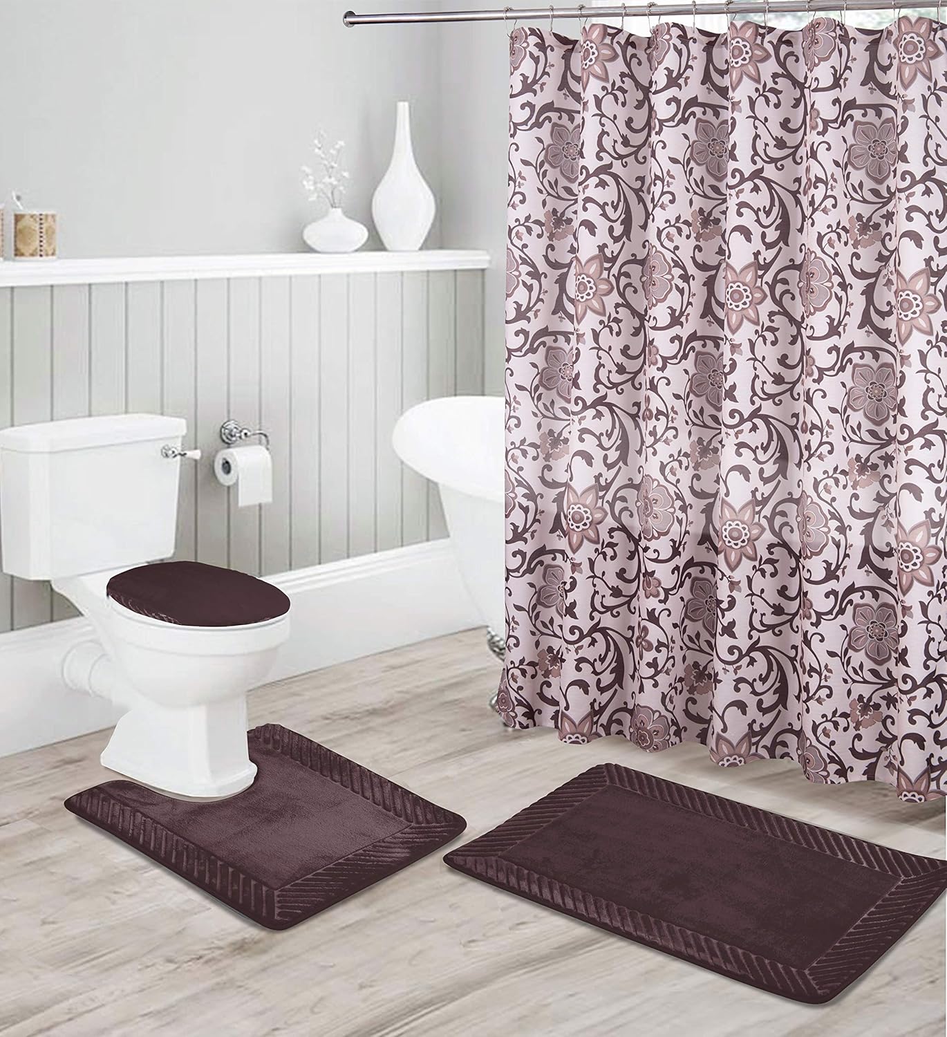 Luxury Home Collection 16 Piece Embossed Memory Foam Non-Slip Bathroom Rug Set Includes Bath Rug Mat, Contour Mat, Toilet Lid Cover, Shower Curtain, and 12 Metal Roller Hooks (Coffee/Chocolate) Luxury Home Collection 16 Piece Embossed Memory Foam Non-Slip Bathroom Rug Set Includes Bath Rug Mat, Contour Mat, Toilet Lid Cover, Shower Curtain, and 12 Metal Roller Hooks (Coffee/Chocolate)