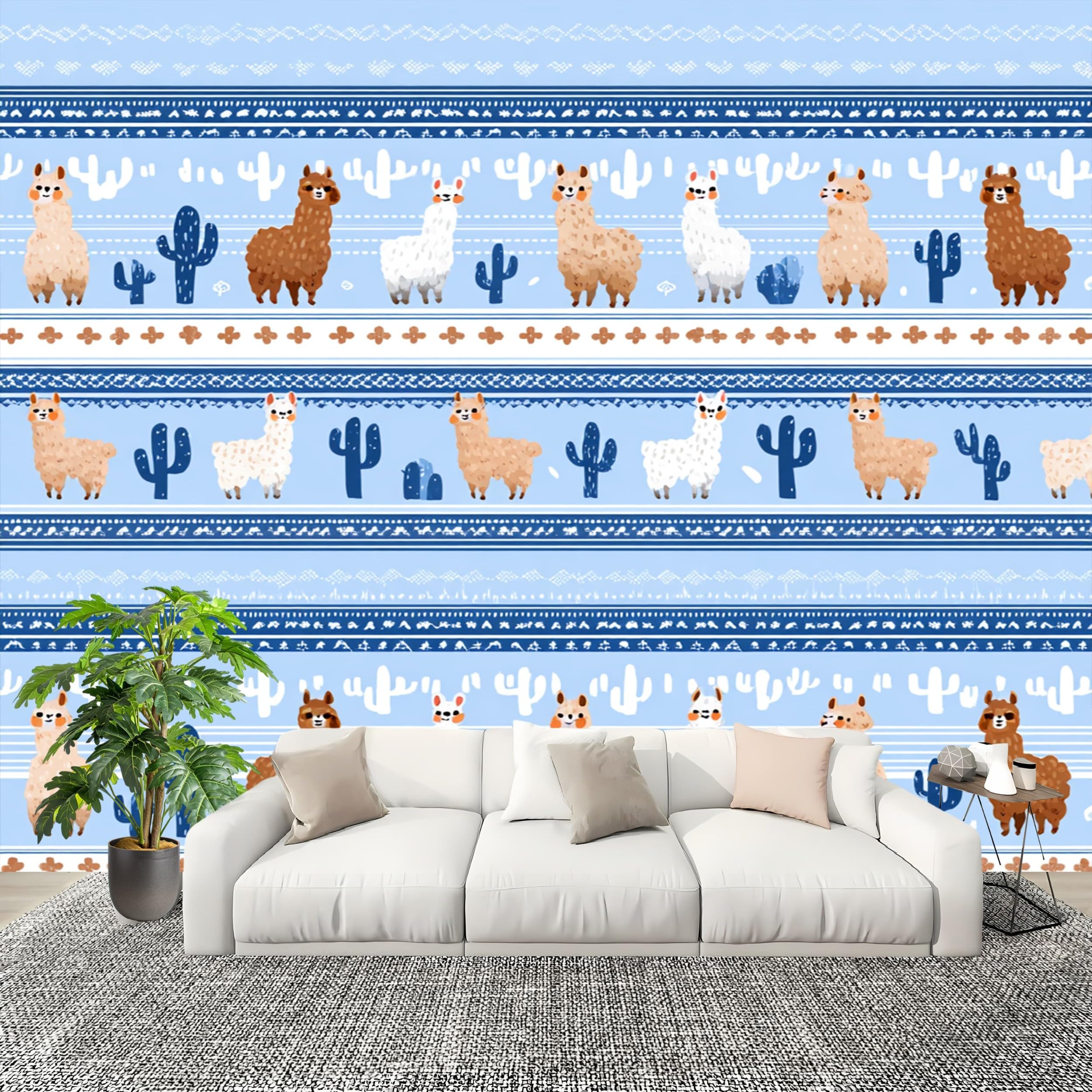 Panoramiczna tapeta kreskówka alpaka kaktus - fototapety - duże niebieskie malowidła ścienne plakat do salonu, pokoju dziecięcego dla dorosłych, dekoracja gabinetu 350 x 256 cm