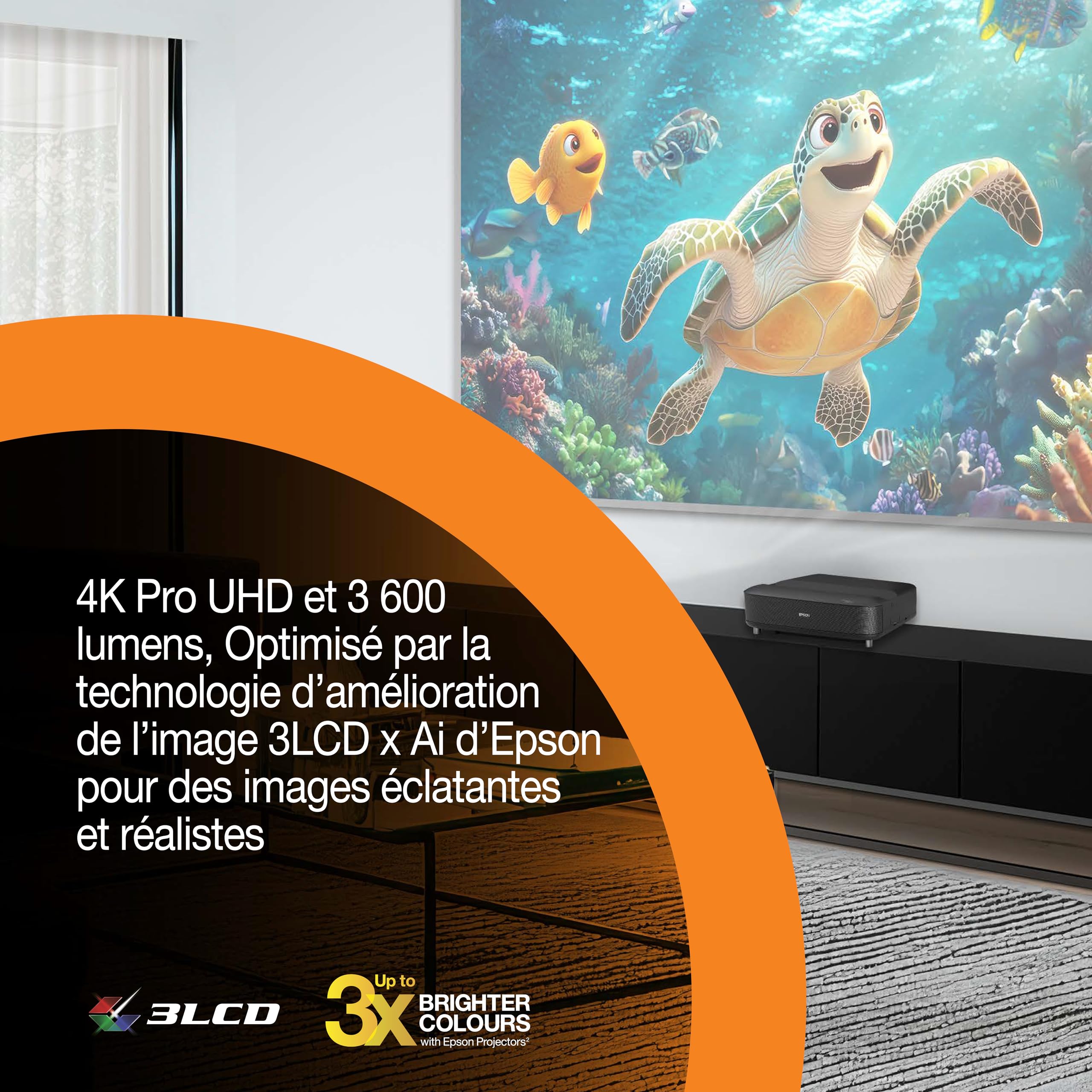 Epson Lifestudio Grand EH-LS670B | Project. laser TV intell. ultracourte focale | Home Cinéma 4K PRO‑UHD | 3 600 lumens | Imagerie IA | Sound by BOSE | Google TV | Écran 120 po | Garantie 5 ans | Noir