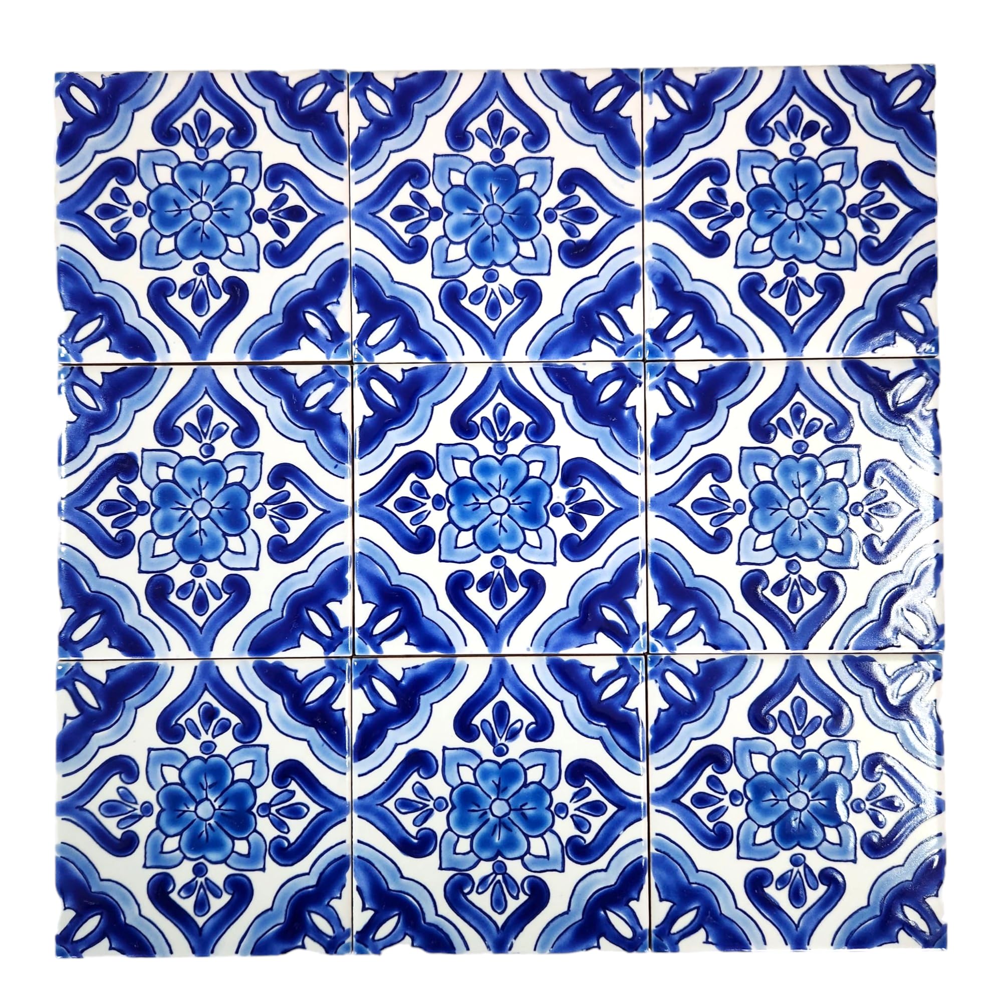 DŸARI Set of 9 Decorative Ceramic Tiles – Hand Painted Indoor & Outdoor Floor Tiles – Spanish Artisan Top Kitchen – Mediterranean Decorative 4” x 4” –