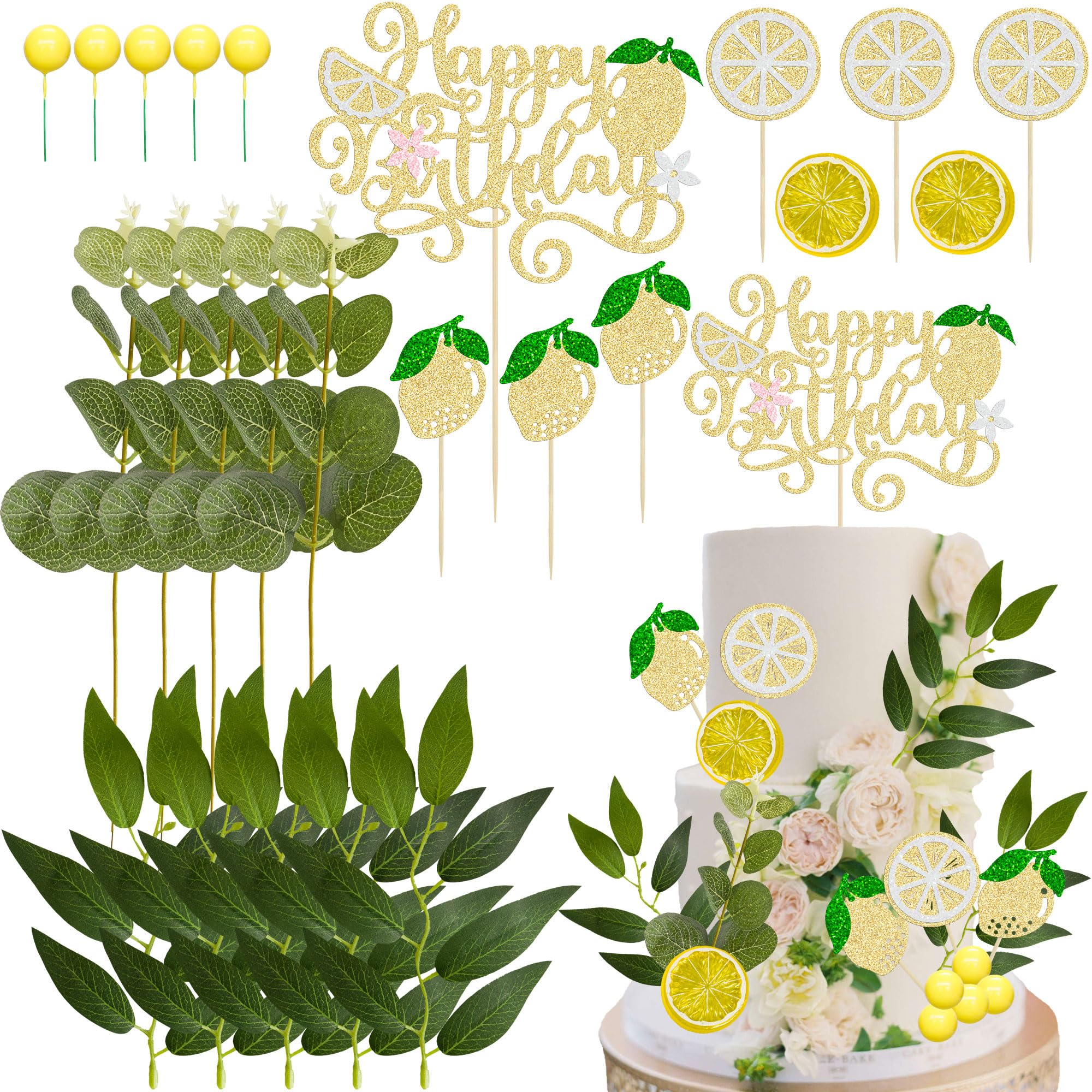 Gyufise 24Pcs Lemon Cake Decorations Glitter Happy Birthday Cake Topper Fruit Leaves Juicy Lemon Slices Cupcake Toppers Decoration for Lemonade Party Baby Shower Birthday Party Supplies