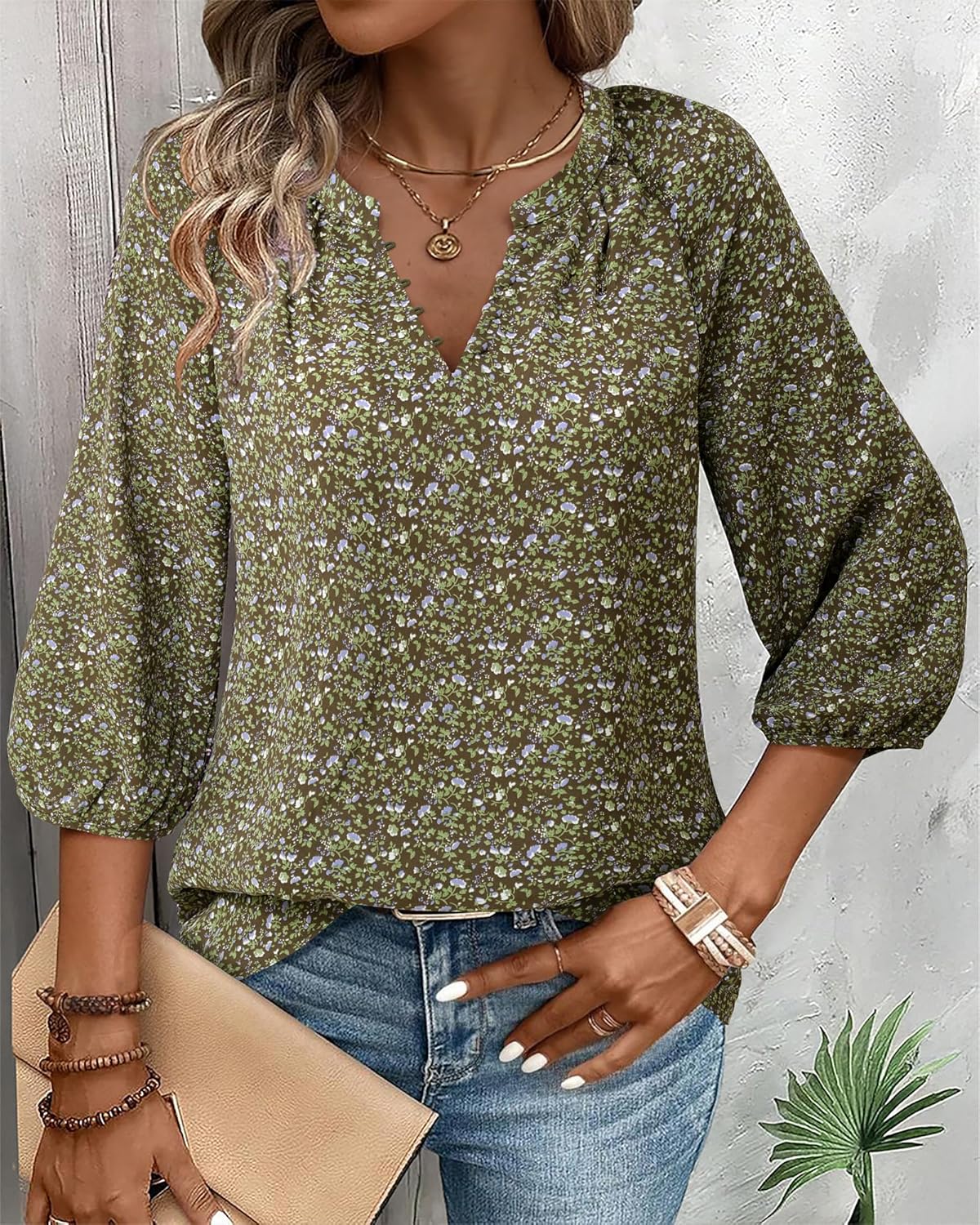 VALOLIA Women's 3/4 Sleeve Blouses Button Down Shirt Business V Neck Casual Clothing Blouses Dressy Casual Chiffon Tops - Image 3