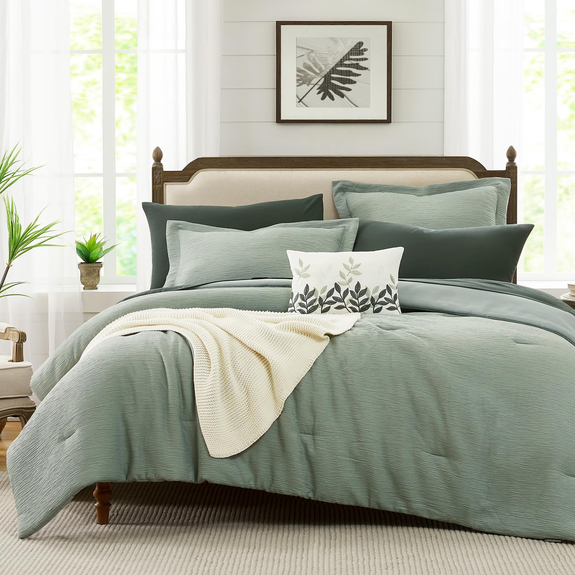 MaiRêve Sage Green Full Size Comforter Sets, Textured Design Minimalist Comforters Bed in A Bag 7 Pieces, All Season Bedding Sets with Comforters,