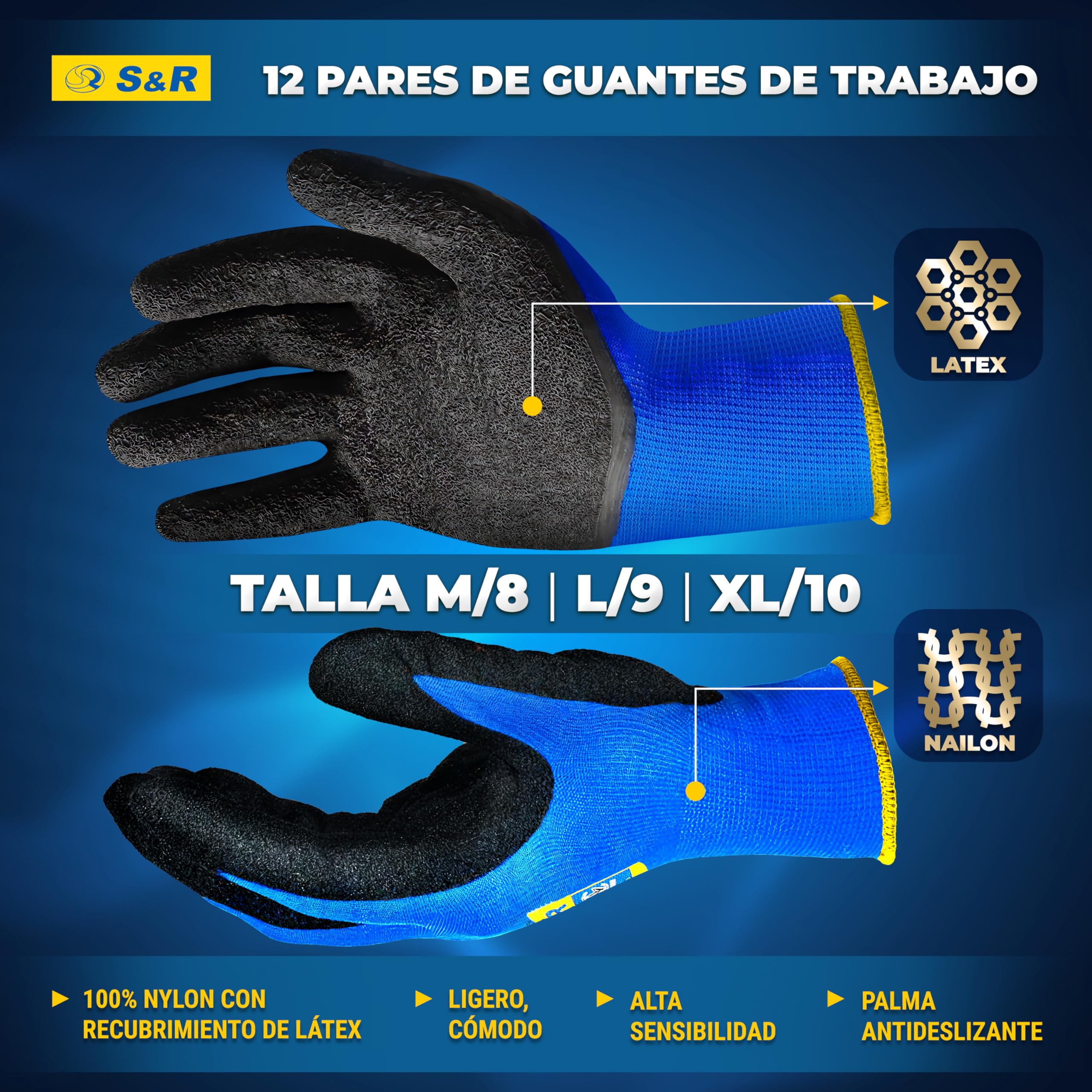 S&R Guantes de Trabajo Hombre 12 PARES Talla L / 9 - Guantes de Securidad Nylon y Latex - 12 Pares