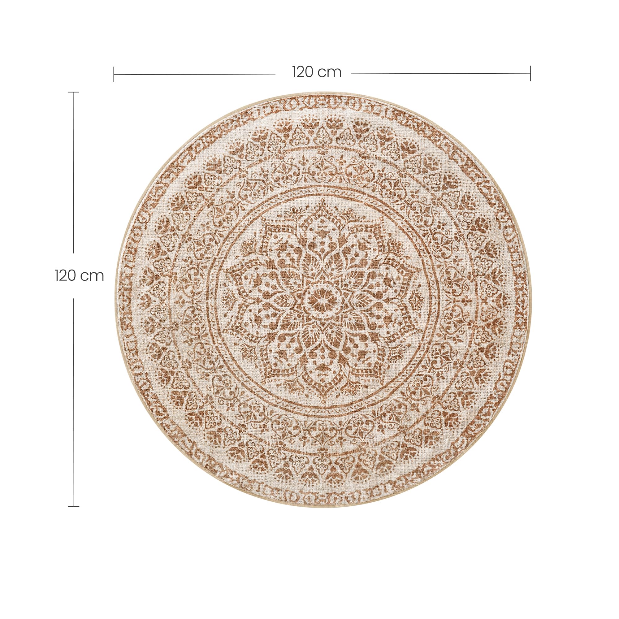 SONGMICS HOME Alfombra, Diámetro de 120 cm, Alfombra Redonda Antideslizante, Decoración del Hogar, para Salón, Dormitorio, Lavable a Máquina, Estilo Boho, Beige Capuchino TAR051K01