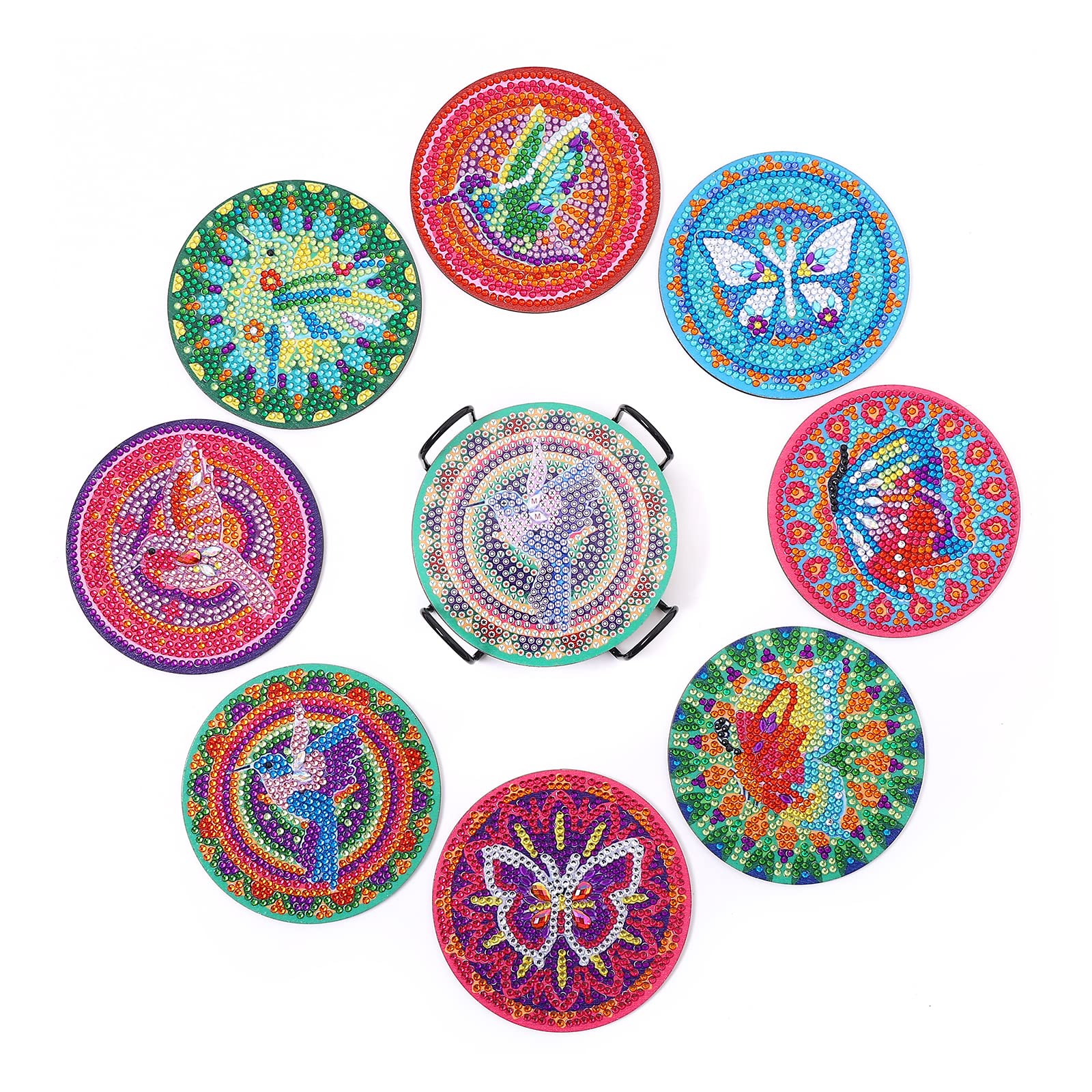 DIY Diamond Art Coasters to Make Set of 8 with Holder, WOWDECOR 5D Butterflies and Hummingbirds Diamond Painting Coasters Kits Crystal Art Coaster for Car Cups Drinks Home Bar
