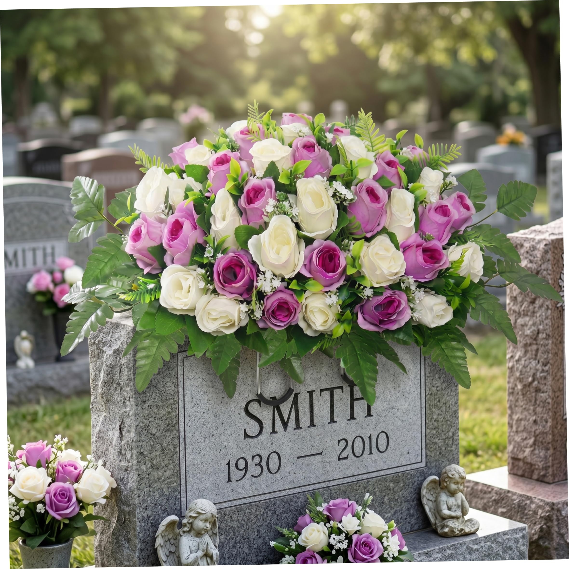 Faticenic Headstone Flower Saddle, Artificial Memorial Flowers For Gravesite, Cemetery Decorations For Grave - 25.59 * 13.78 Inch, Cemetery Flowers For Grave, For
