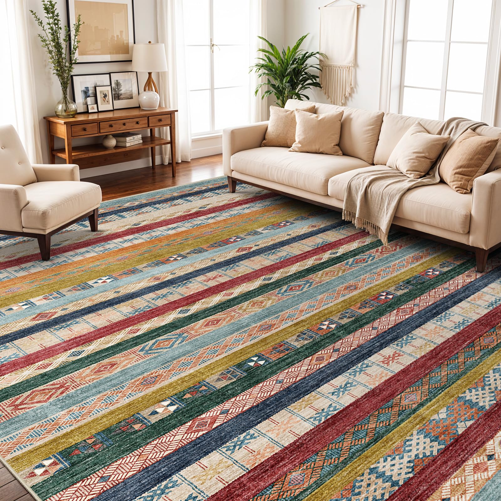 Puino 10x14 Washable Area Rug: Moroccan Large Neutral Boho Area Rug for Living Room & Bedroom Geometric Non-Slip Farmhouse Carpet for Living Room Red&